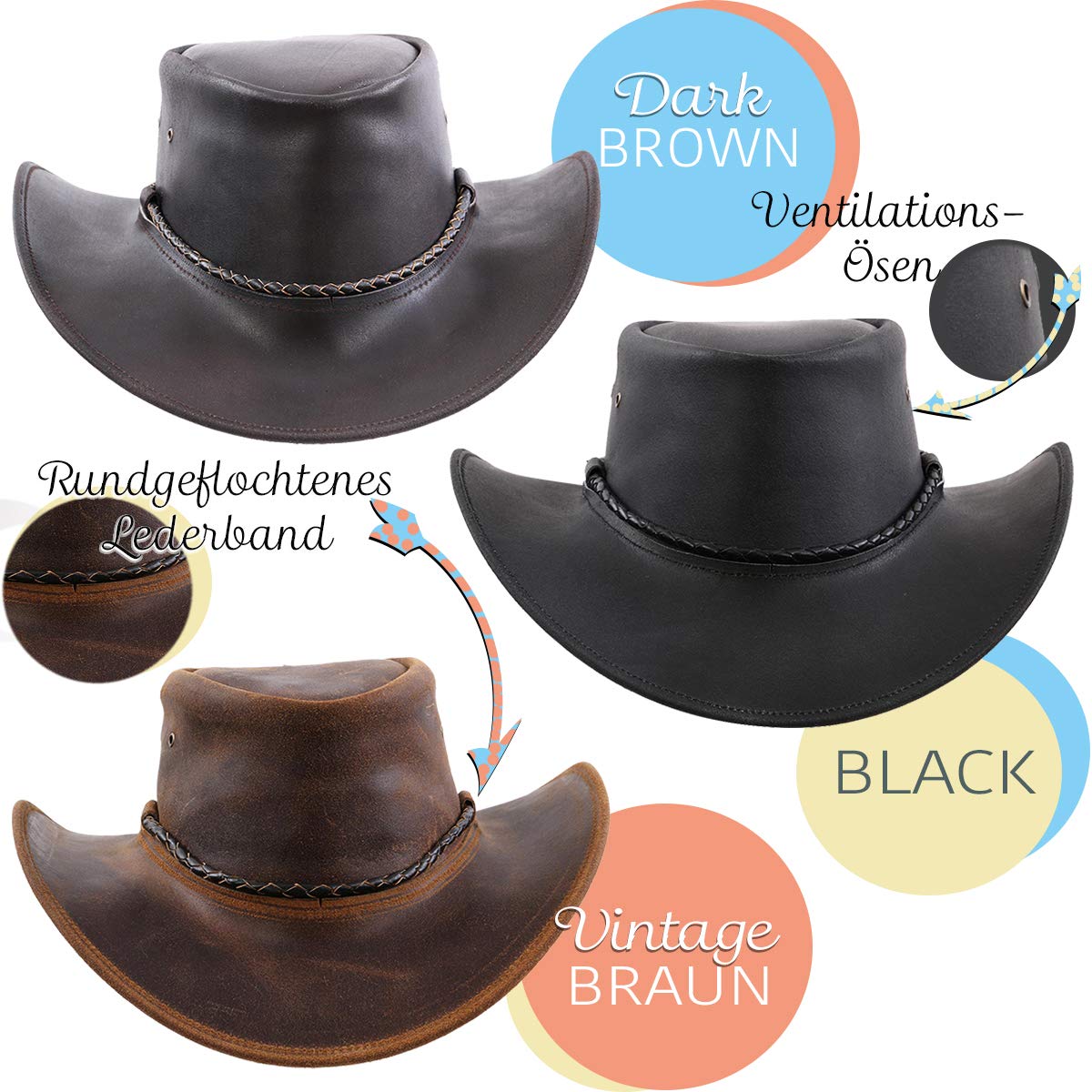 NEMI Cowboy Leder Hut Damen Herren 3 Farben