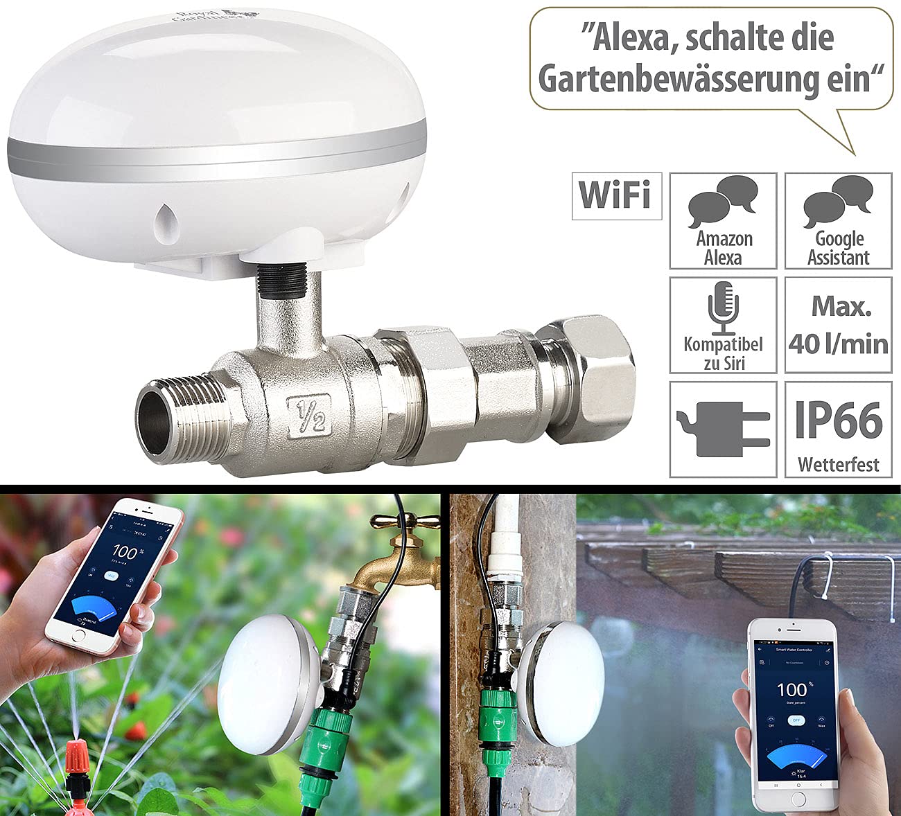 Royal Gardineer WLAN Wasserhahn: WLAN-Bewässerungscomputer mit Durchfluss-Regelventil und App-Steuerung (Absperrventil, Bewässerungscomputer mit Ventil, Samsung)