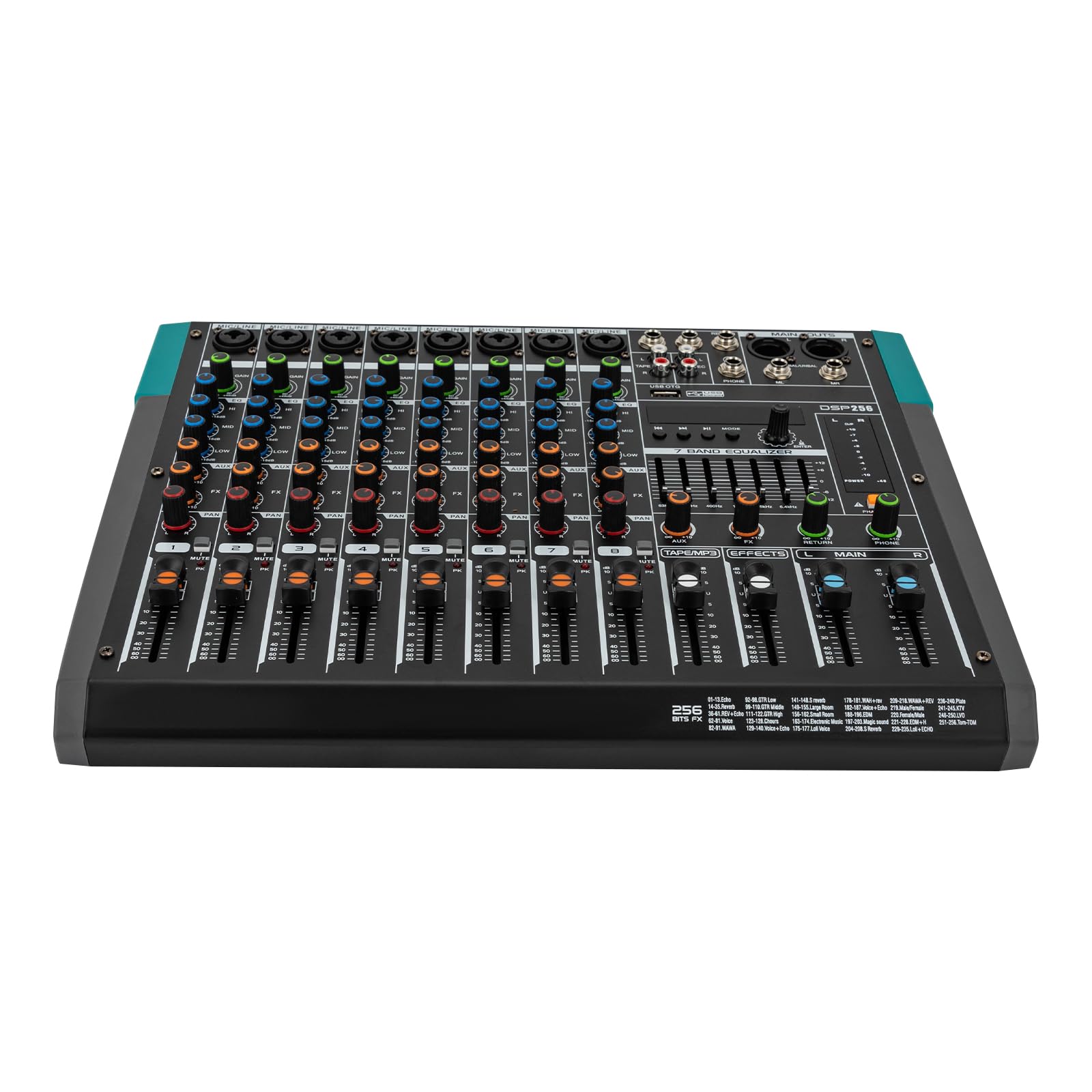 Mixer audio, mixer audio a 8 canali, alimentazione phantom, 256 effetti secondari, con Bluetooth, USB, display LCD, sale privacy KTV, studi di registrazione, nero