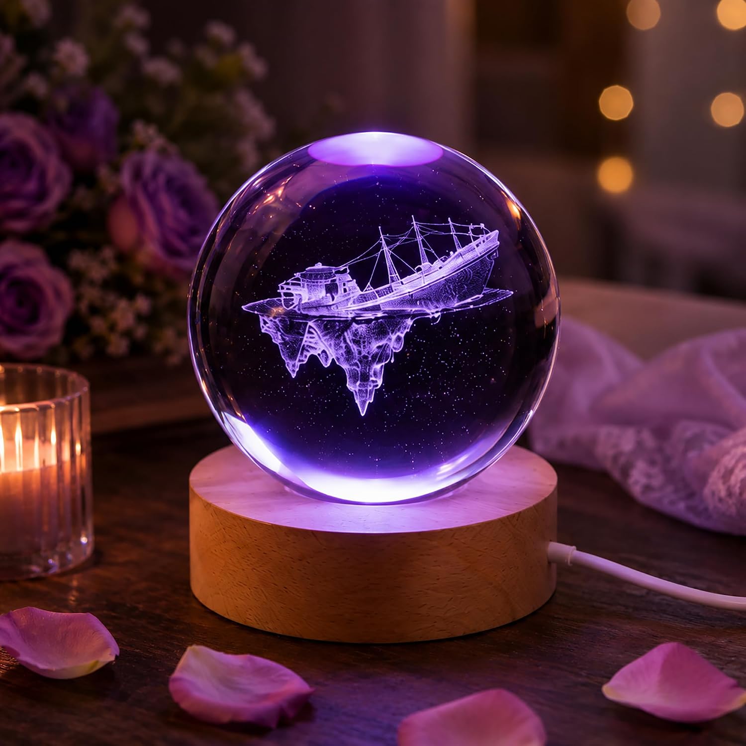 3D Cruise Ship Crystal Ball Night Light with 16-Color LED Base and Remote Control — Exquisite Titanic Night Light; Ideal Birthday Gift and Room Decor for Boys and Girls