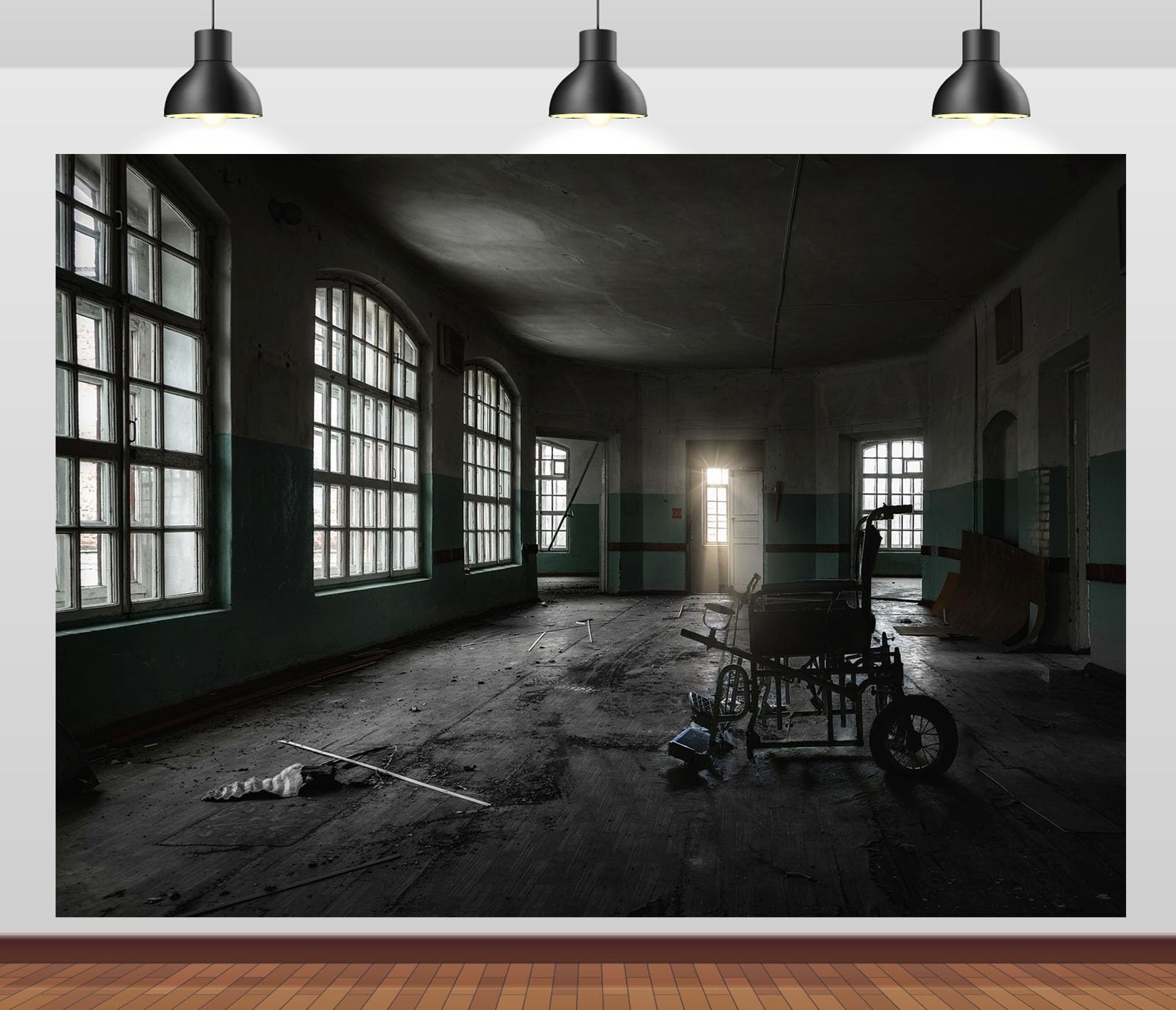15x10FT (4.6x3m) Sala D'Ospedale Con Sedia A Rotelle Sfondo Fotografico | Galleria Medica Diroccata Fondale In Tessuto,Sedia A Rotelle Finestre A Griglia,Per Feste Horror E Foto,Photo Booth