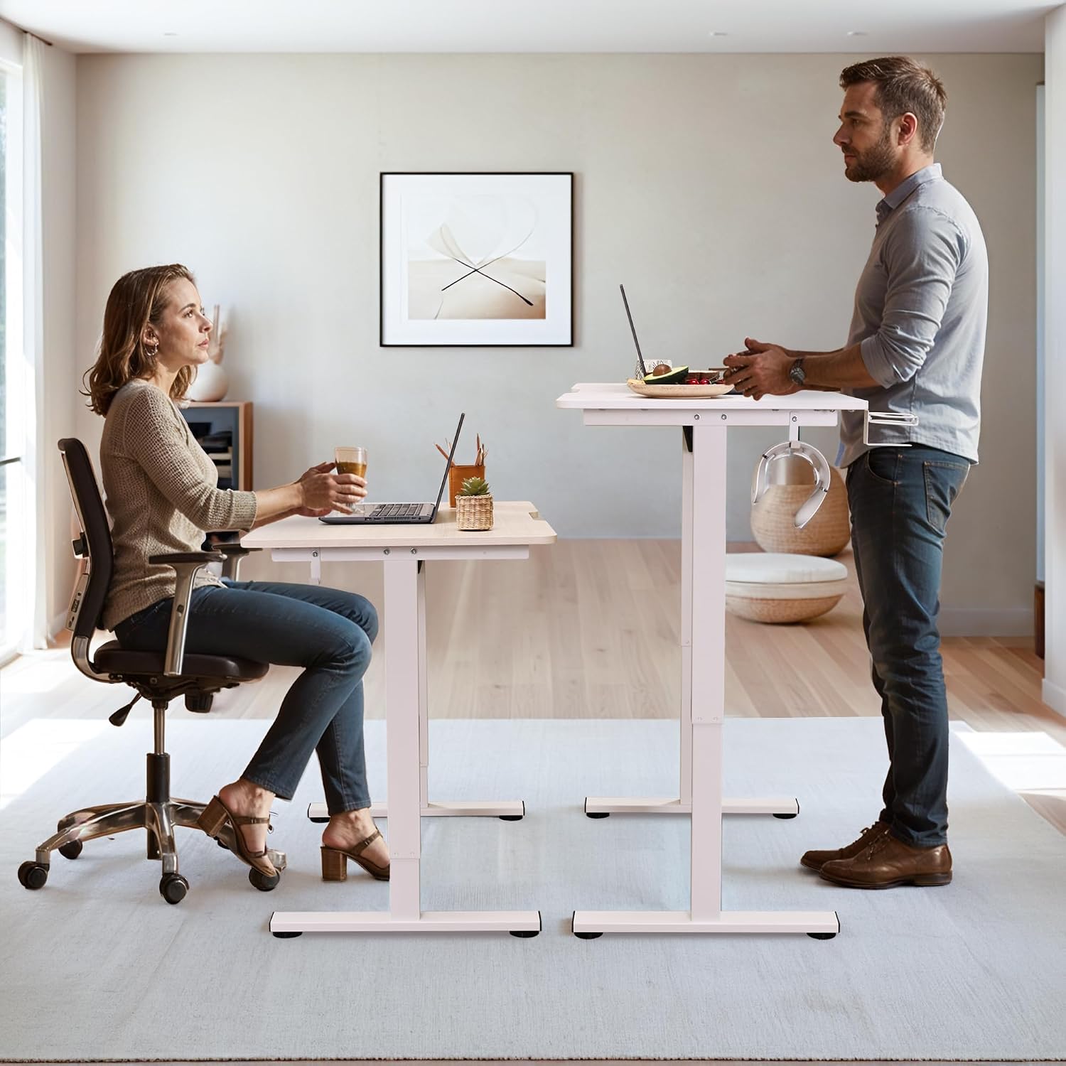 Small Standing Desk with Wheels, 35" x 24" Whole Piece Electric Height Adjustable Desks, Rolling Sit Stand Workstation with Cup Holder, Hook, White Frame, Oak Table Top
