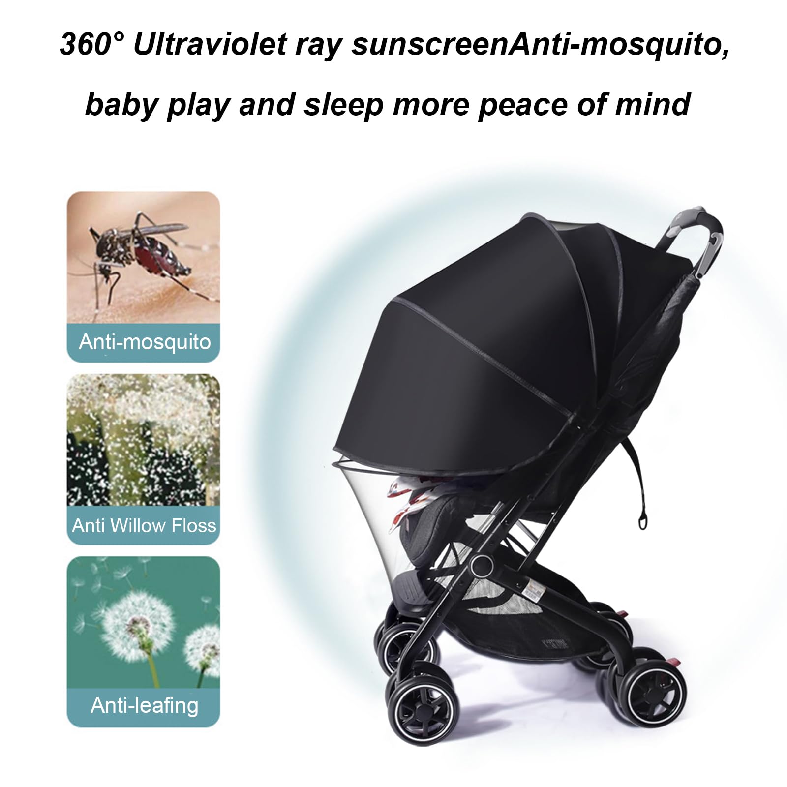 2 in 1 Zanzariera Passeggini Universale, Protezione UV 50+ per Parasole Passeggino,Copri Passeggino Estivo, Antipolvere e Antivento,Nero