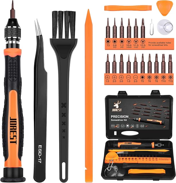 JOREST 24Pcs Precision Screwdriver Set, Tool Kit with Torx T3 T5, T6 T8 T10 T15 Security, Phillips PH00, Triwing Y0, Star Shaped P2/5, -1.0/2.0, etc, for PS4, Xbox, Switch, Mac, Laptop, Glasses, Watch
