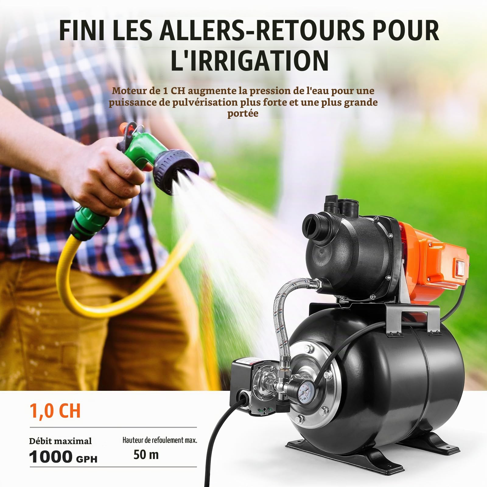 VEVOR Groupe de Surpression, 735 W, Pompe de Puits Peu Profonde, Réservoir Pression 19 L, 3700 L/h, Tête 50 m, Aspiration 8 m, Pressostat 20/40 PSI, Tête de Pompe Thermoplastique, pour Pelouse, Jardin