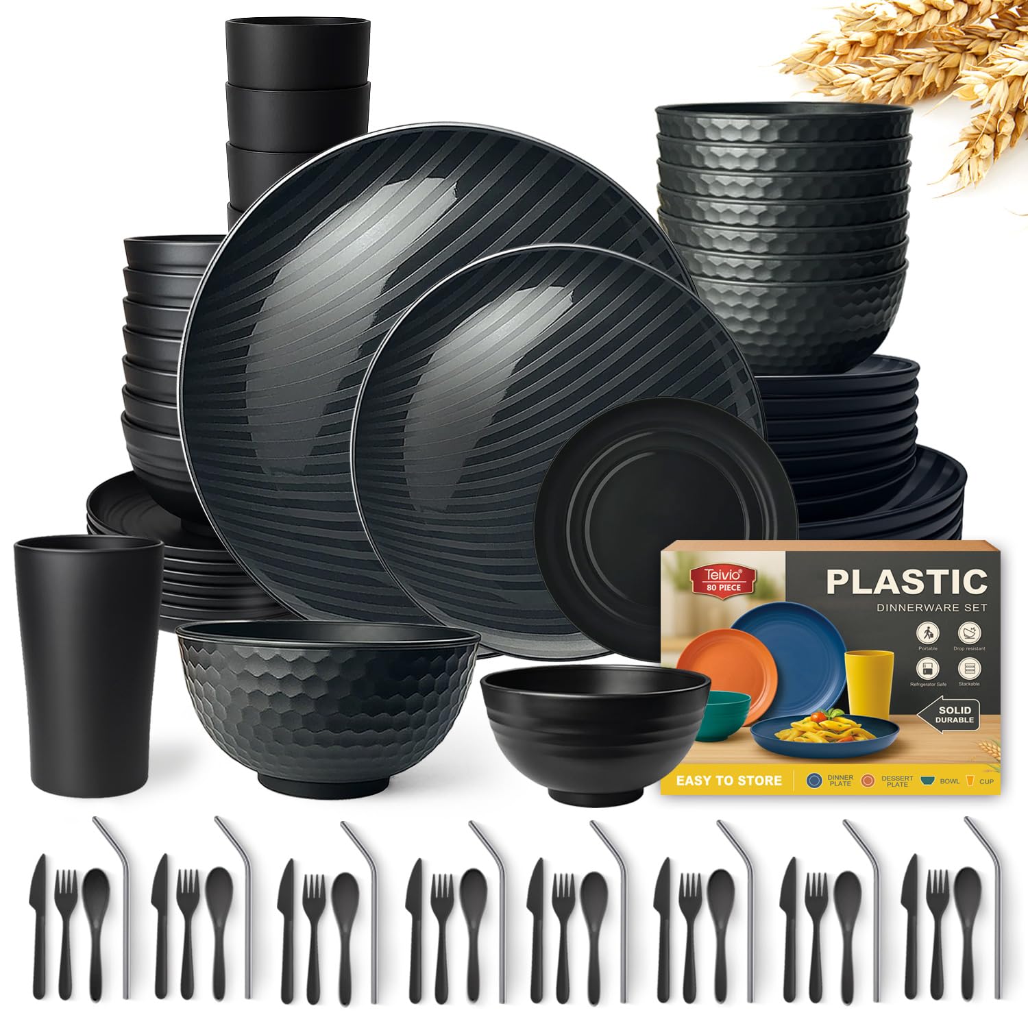 Teivio 88-Piece Kitchen Reusable Plastic Round Dinner Set for 8, Dinner Plate, Dessert Plate, Cereal Bowl, Sauce Cups, Cup, Unbreakable Plastic Plate and Bowl Set, Outdoor Camping Dishes, Black