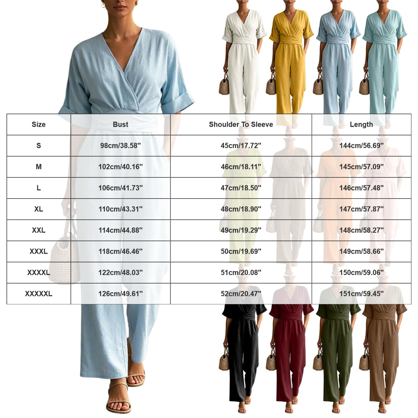 Monos Mujer Verano Jumpsuit Elegante Cuello en V Color Sólido Mono que realza la cintura Mono Mujer Casual Manga Corta con Bolsillos Holgado Clásico Palazzo Casual Sueltos Rompers con Bolsillos
