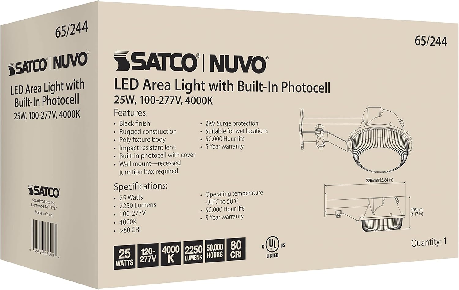 Nuvo 65/244 Area Light LED Area Light, 25W, Black Finish, 4000K, 120-277V