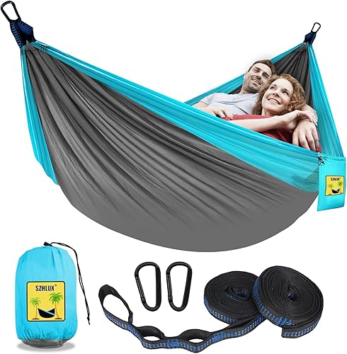 Miniatura 7 de SZHLUX Hamaca de camping doble portátil, accesorios de campamento y equipo de campamento, ideal para senderismo, al aire libre, playa, campamento,