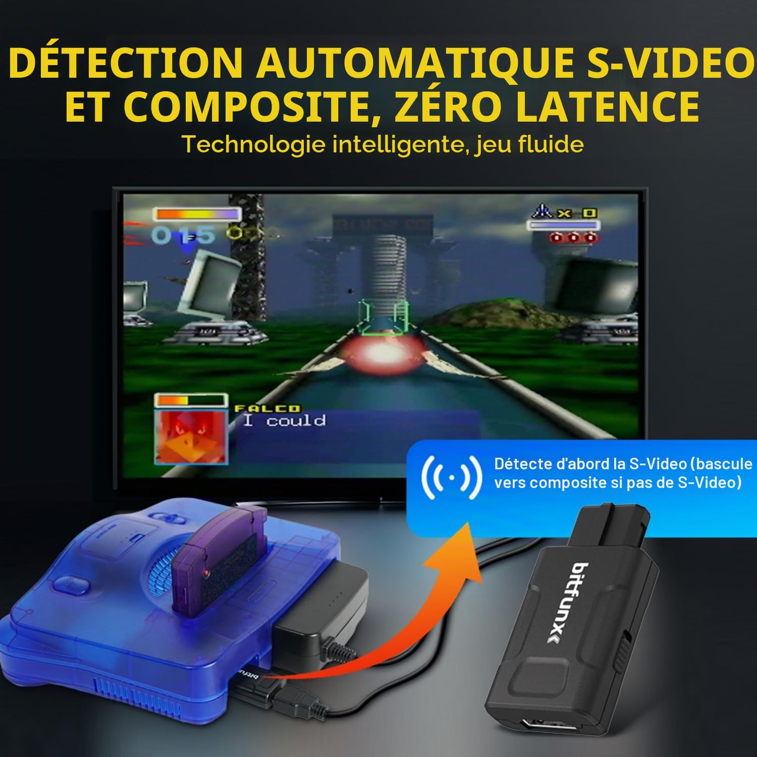 BITFUNX Adaptateur HDMI N64 – Prend en Charge Le commutateur 16:9/4:3, Mini convertisseur HD 720p/1080p avec S-vidéo Automatique et Composite, Adaptateur de Jeu vidéo Plug & Play sans décalage