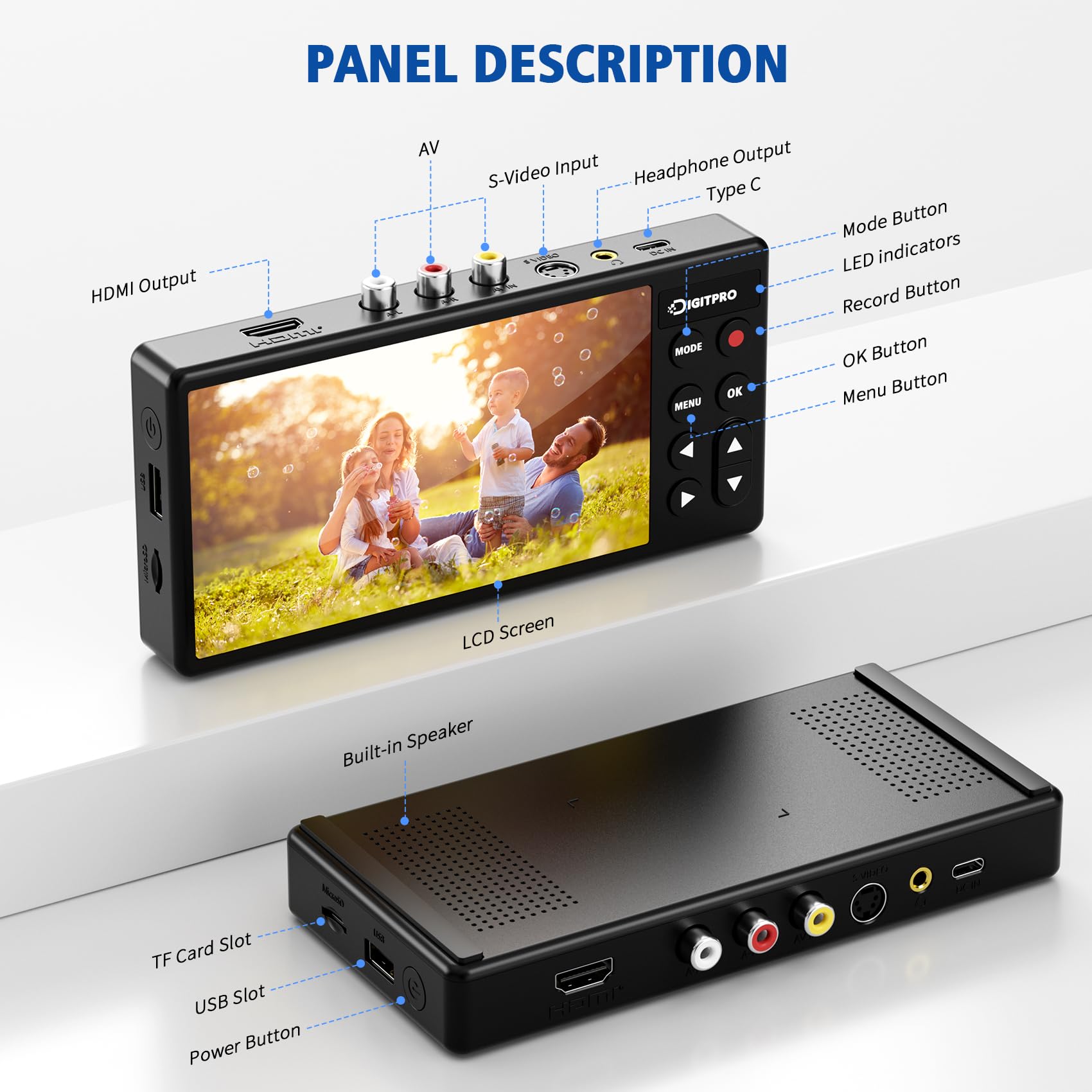 VHS to Digital Converter, HD 5" Große Leinwand VHS Digitalisieren Videorecorder, VHS Video Grabber Compatible with Mini DV, DVD Player, Blu Ray Player, Hi8, Camcorder, Kassette Tape, Gaming Consoles