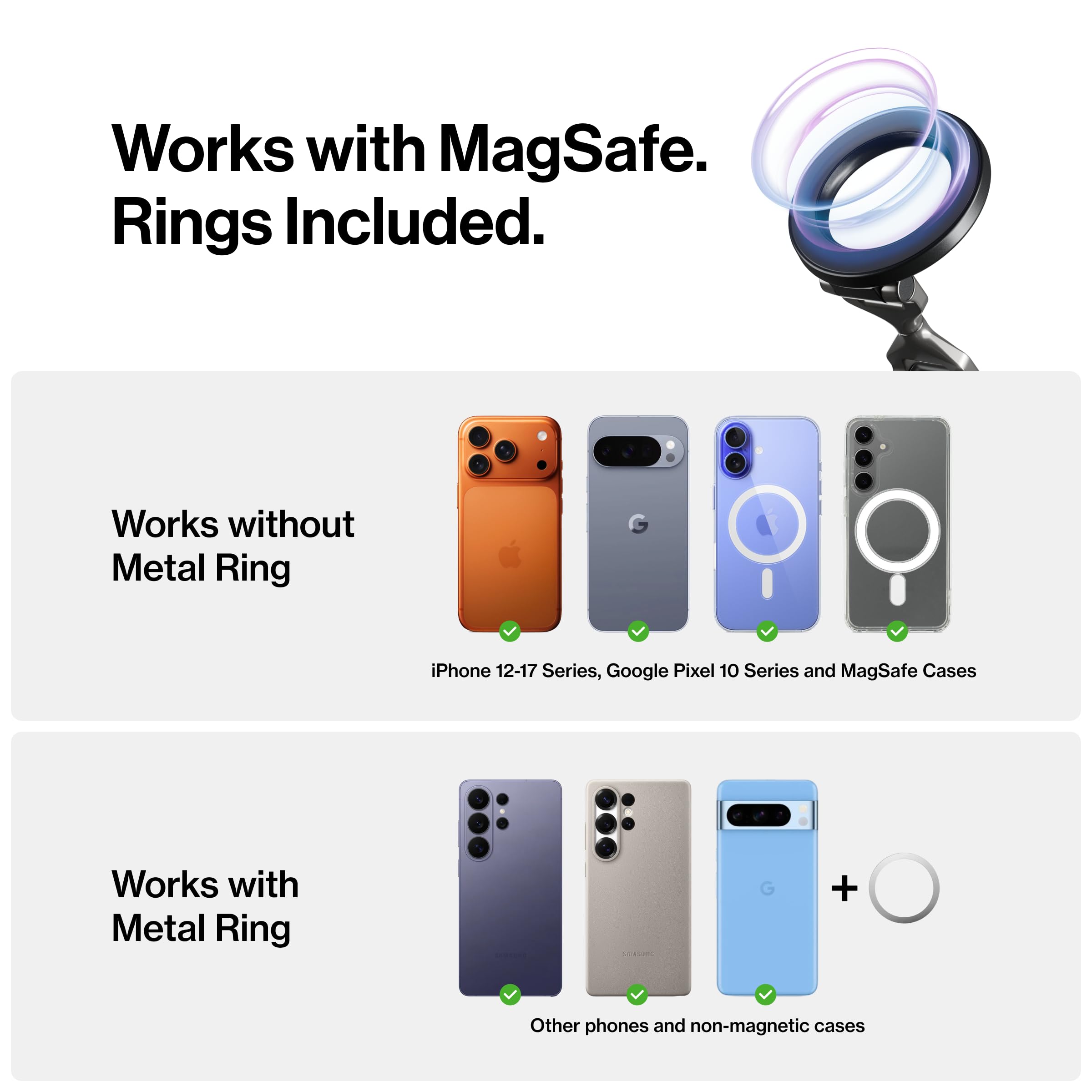 Statik HyperMount (Gen 3) Support de téléphone magnétique pour téléphone de voiture fonctionne sur des surfaces lisses et légèrement texturées, compatible avec Apple MagSafe, anneaux métalliques