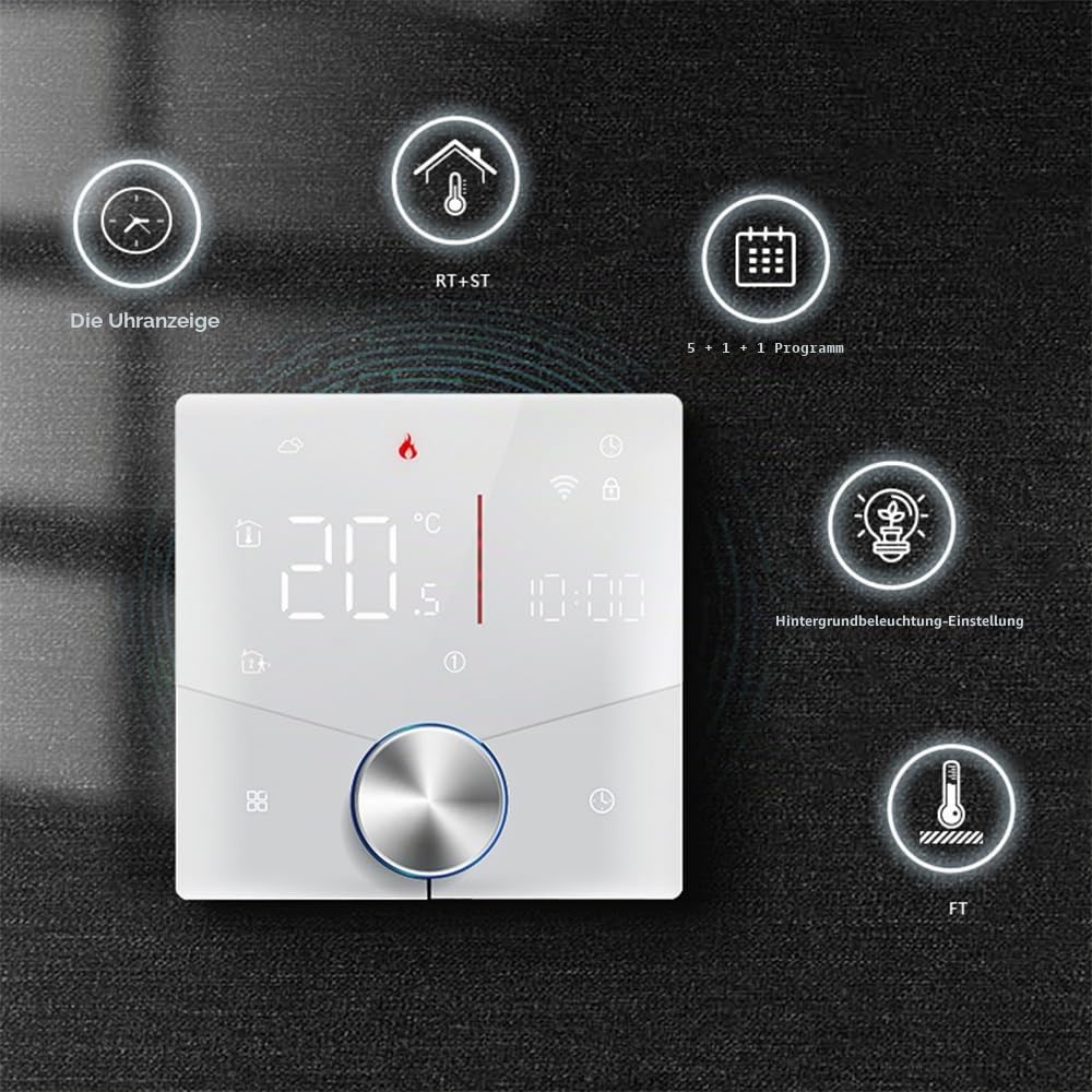Decdeal WiFi Thermostat für Wasser Fußbodenheizung Und Gas Boiler Steuerung,kompatibel Alexa, Google Home Und Smart Life-App Fernbedienung,mit Drehknopfsteuerung Raumthermostat,2.4GH-WLAN 3A(schwarz)