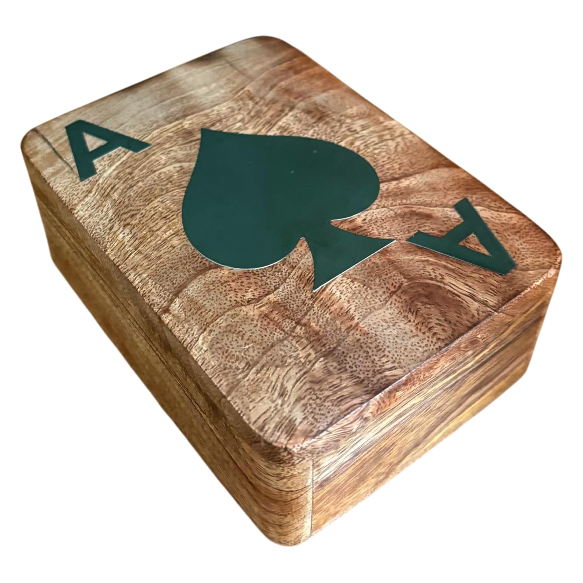Thorness Handcrafted 𝗪𝗢𝗢𝗗𝗘𝗡 𝗣𝗟𝗔𝗬𝗜𝗡𝗚 𝗖𝗔𝗥𝗗 𝗕𝗢𝗫 with Silver Ace of Spades Inlay – Single Deck Storage Case with Playing Cards, Poker Gift for Card Players