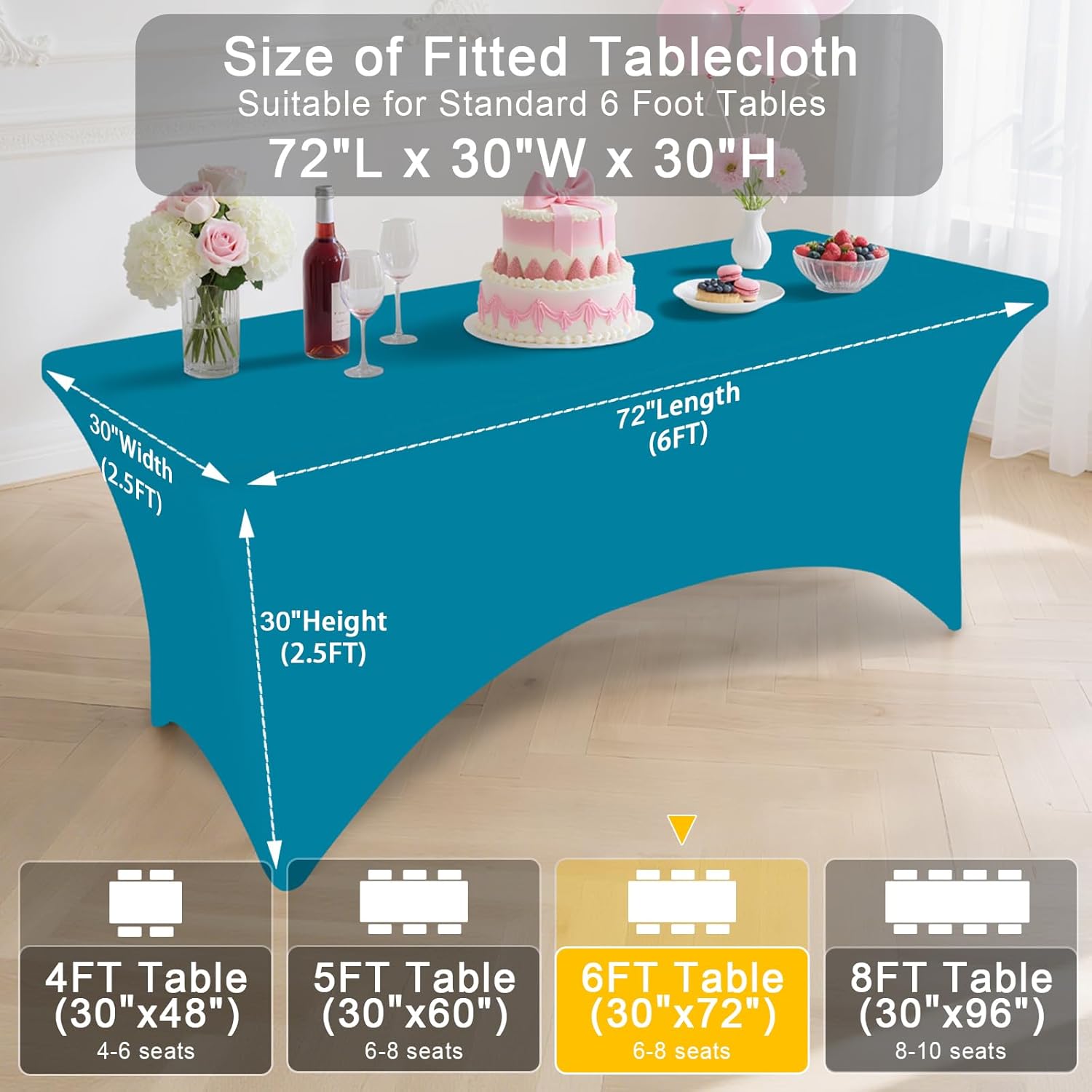 Smiry 2 Pack Spandex Table Cloth 6FT, Elastic Fitted Stretch Tablecloths, Washable and Wrinkle Free Rectangular Patio Table Cover for Outdoor, Wedding, Banquet & Parties (Teal, 72Lx30Wx30H Inch)