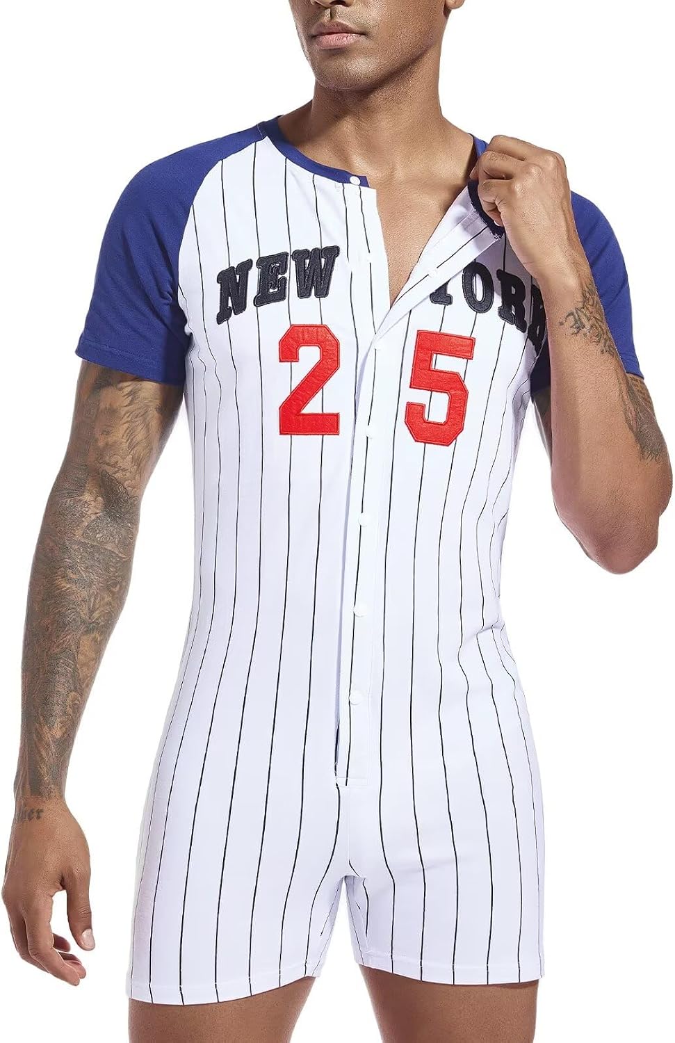 Landofgenie Mens Onesie Henley Jumpsuit Short Sleeve One Piece Pajamas Cotton Romper for Men