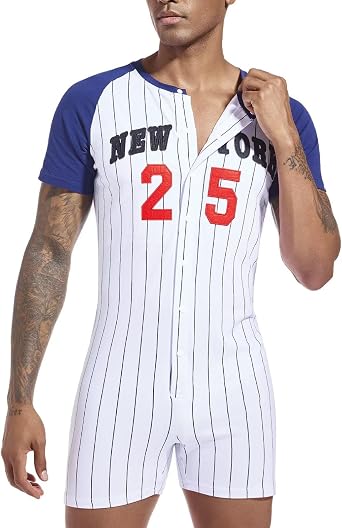 Landofgenie Mens Onesie Henley Jumpsuit Short Sleeve One Piece Pajamas Cotton Romper for Men