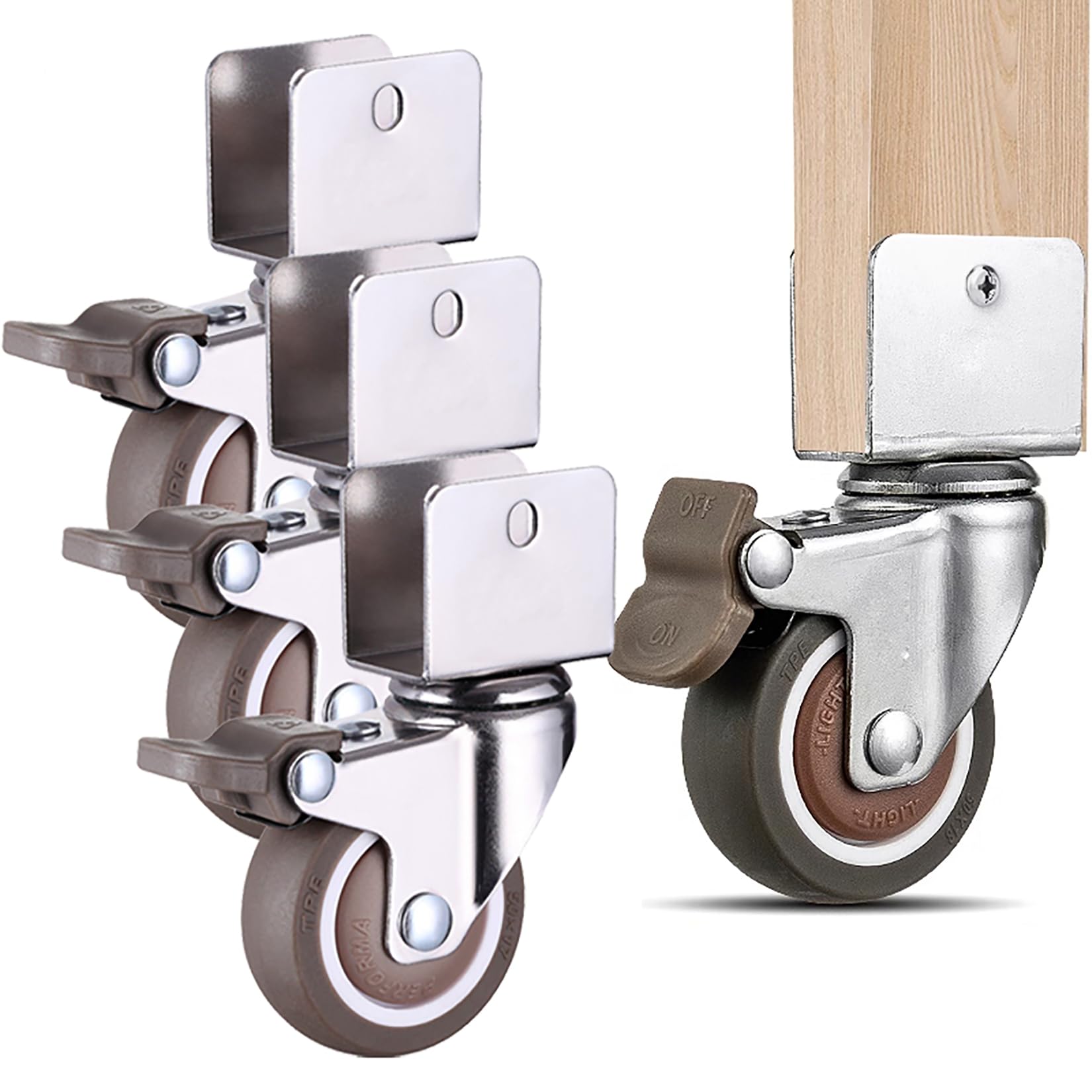 Set of 4 Castor Wheels with Brakes 2 Inch U-Shaped 360 Degree Swivel Trolley Caster for Furniture Rubber Casters for Planters,Small Tables (16mm)