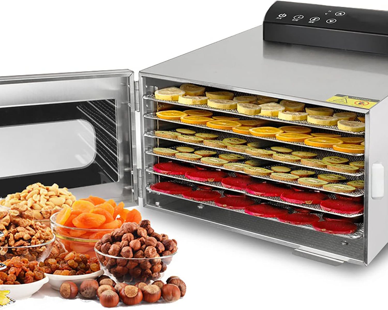 Household Food Dehydrator, 6-Layer Fruit Dryer, 30-90 ℃ Adjustable, 0-24 Hours Timing, Making Tea Leaf, Dried Fruit and Meat, with Visual Window
