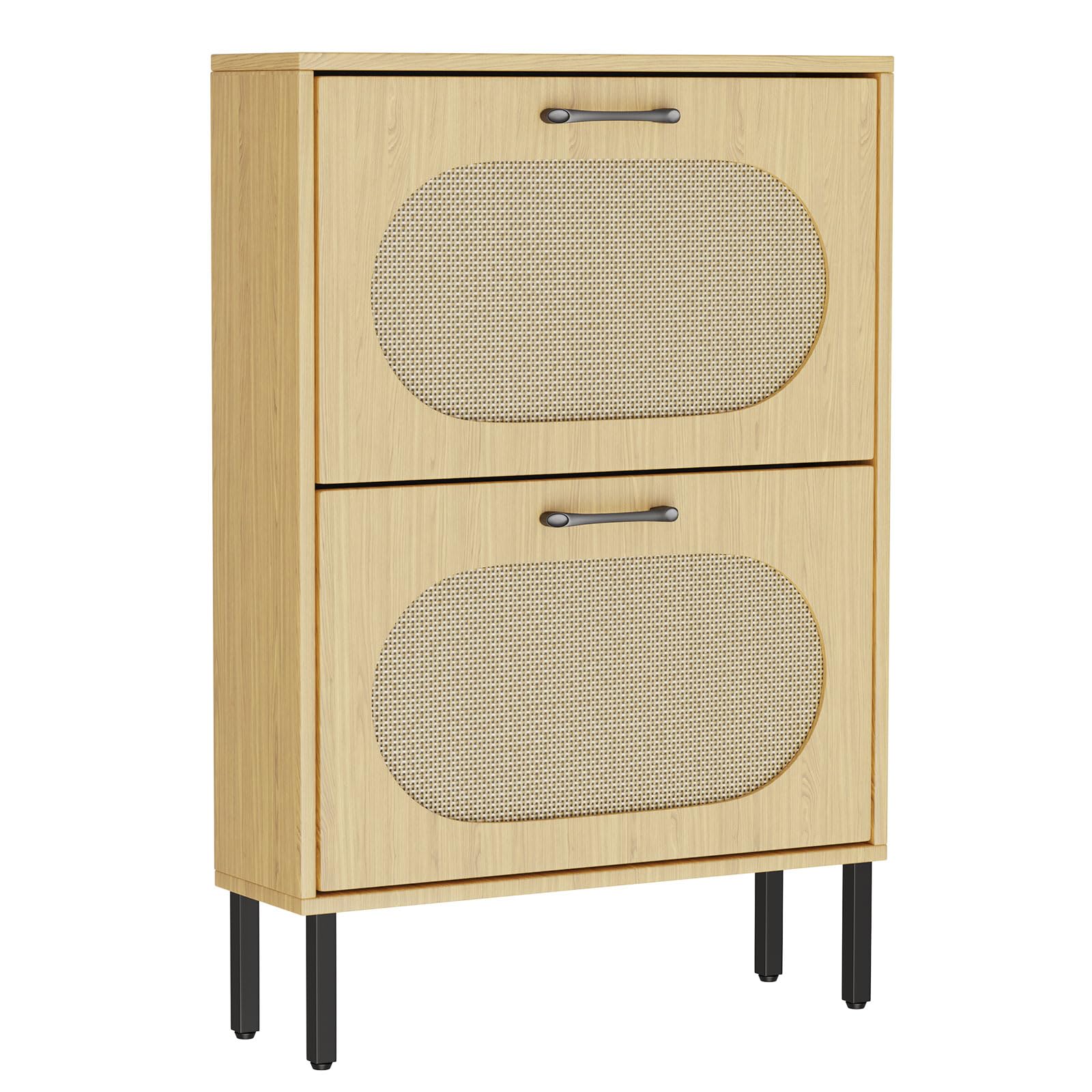 Large Capacity Shoe Cabinet with 2 Flipped Drawers, Natural Wood and Rattan Shoe Storage Organizer with Metal Legs, Slim Shoe Storage Cabinet for Entryway/Hallway (Brown)