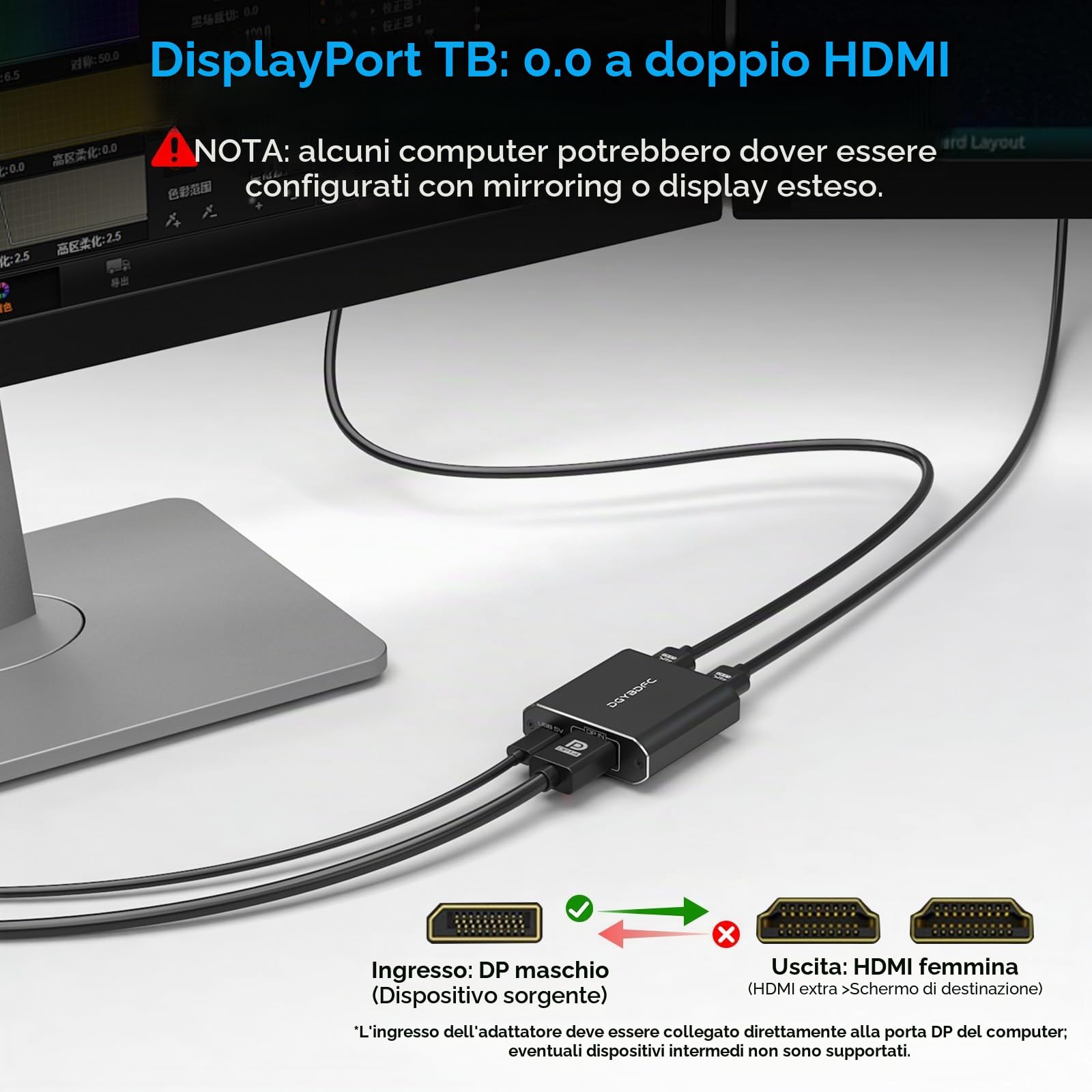 Adattatore da Displayport a doppio HDMI 1 In 2 Out Dual 4K60Hz Extend/Copy DP 1.2 a 2 HDMI Splitter per Due Monitor Supporta Modalità SST/MST (MacOS Supporta Solo la Modalità SST)