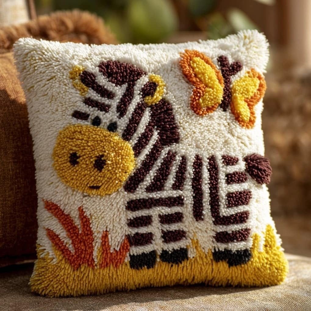 WallustrioaW Latch Hook Kit Cushion Latch Hook Kit Zebra and Butterfly DIY Pillow Materials Package 43Cmx43Cm DIY Hooks Knitted Embroidered Carpet Pillow Embroidery