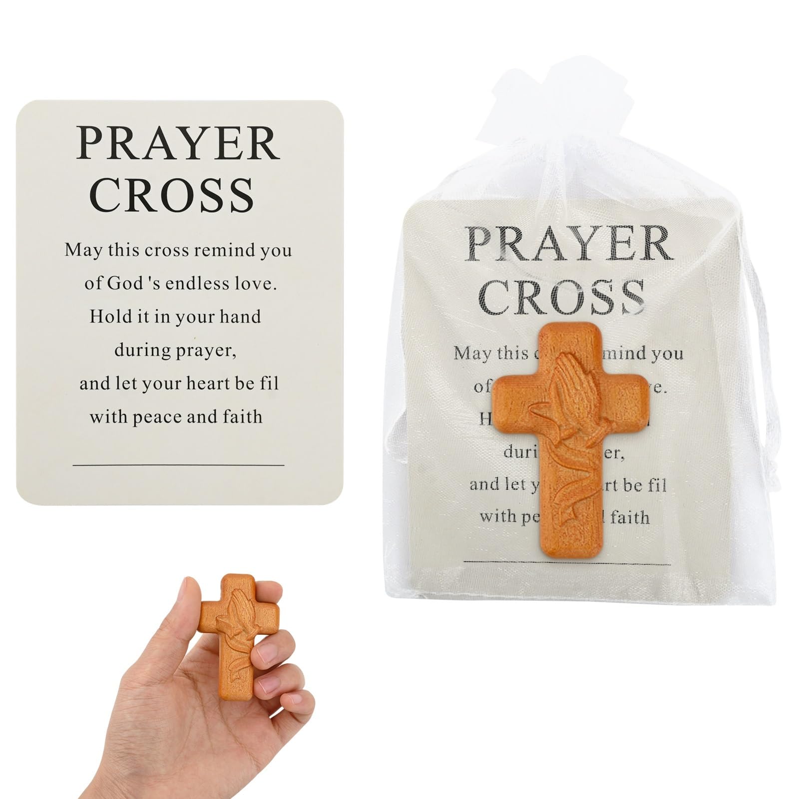 PORUPAEL Prayer Cross Gift Sets–Handcrafted Wooden Cross with Inspirational Card & Drawstring Bag,Pocket Faith Sanctuary for Prayer,Christian Devotional Keepsake for Home and Gifting