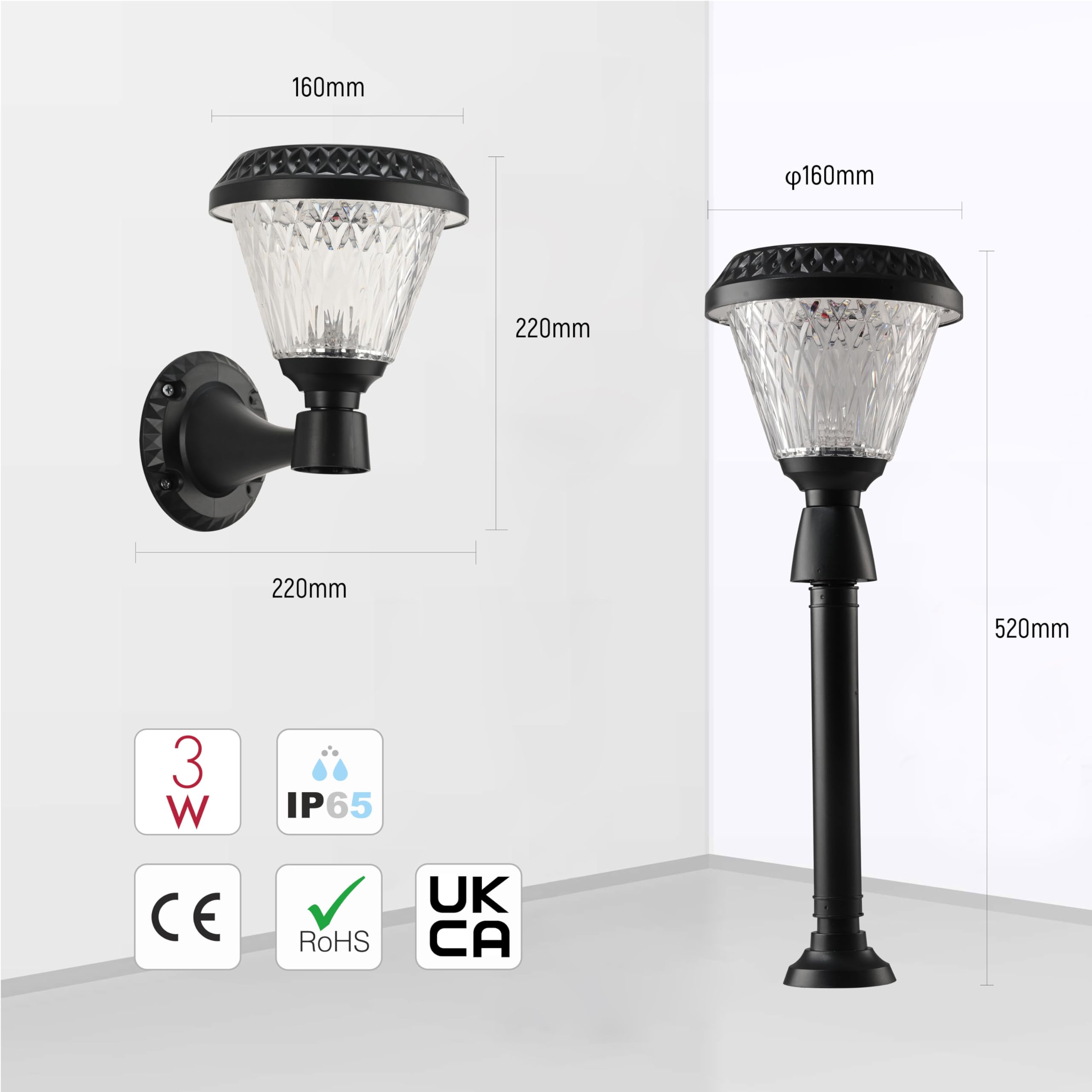 TEKLED Garden Solar Wall Light Pier Mount Light Bollard Light 3 in 1, Black, Crystal - Image 3