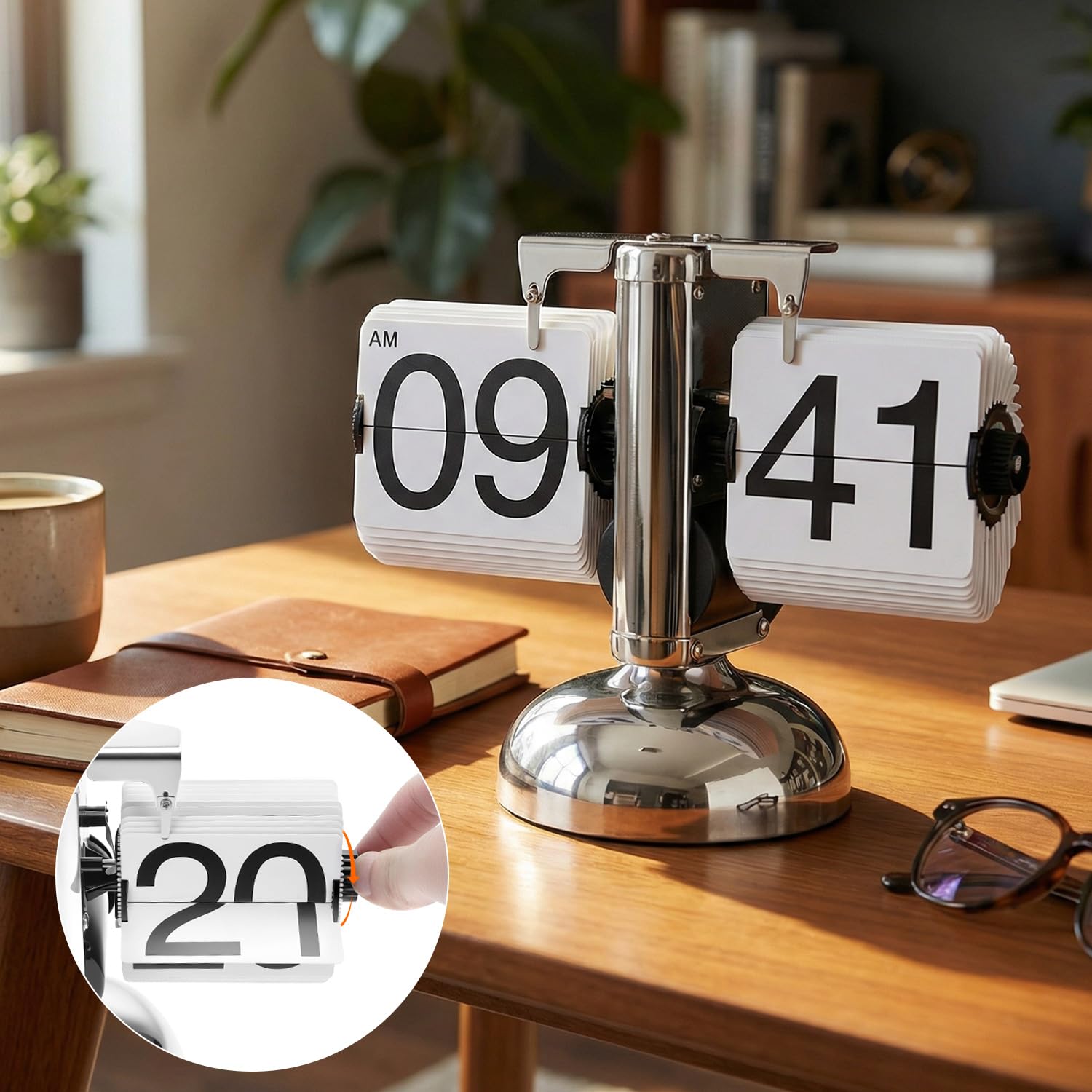 QWORK® Retro Flip Clock Tischuhr mit Quarzwerk, Mechanische Klappzahlenuhr, Silber Automatisches Umblättern, für Wohnzimmer, Büro & Arbeitszimmer