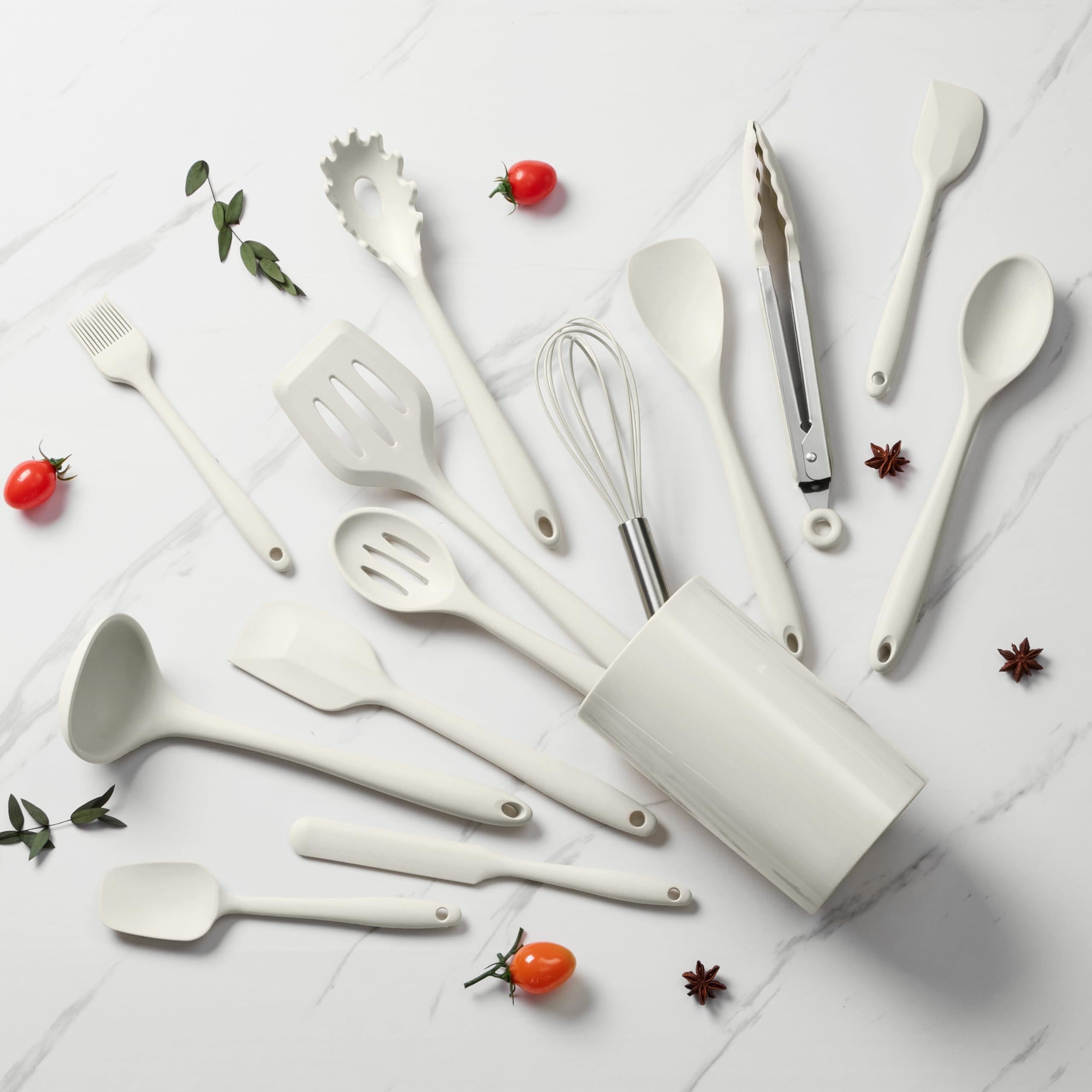 LIANYU Juego de 14 utensilios de cocina con soporte, juego de espátulas de silicona para cocina, resistentes al calor, incluye cuchara volteadora, batidor, pinza para batir, apto para lavavajillas,