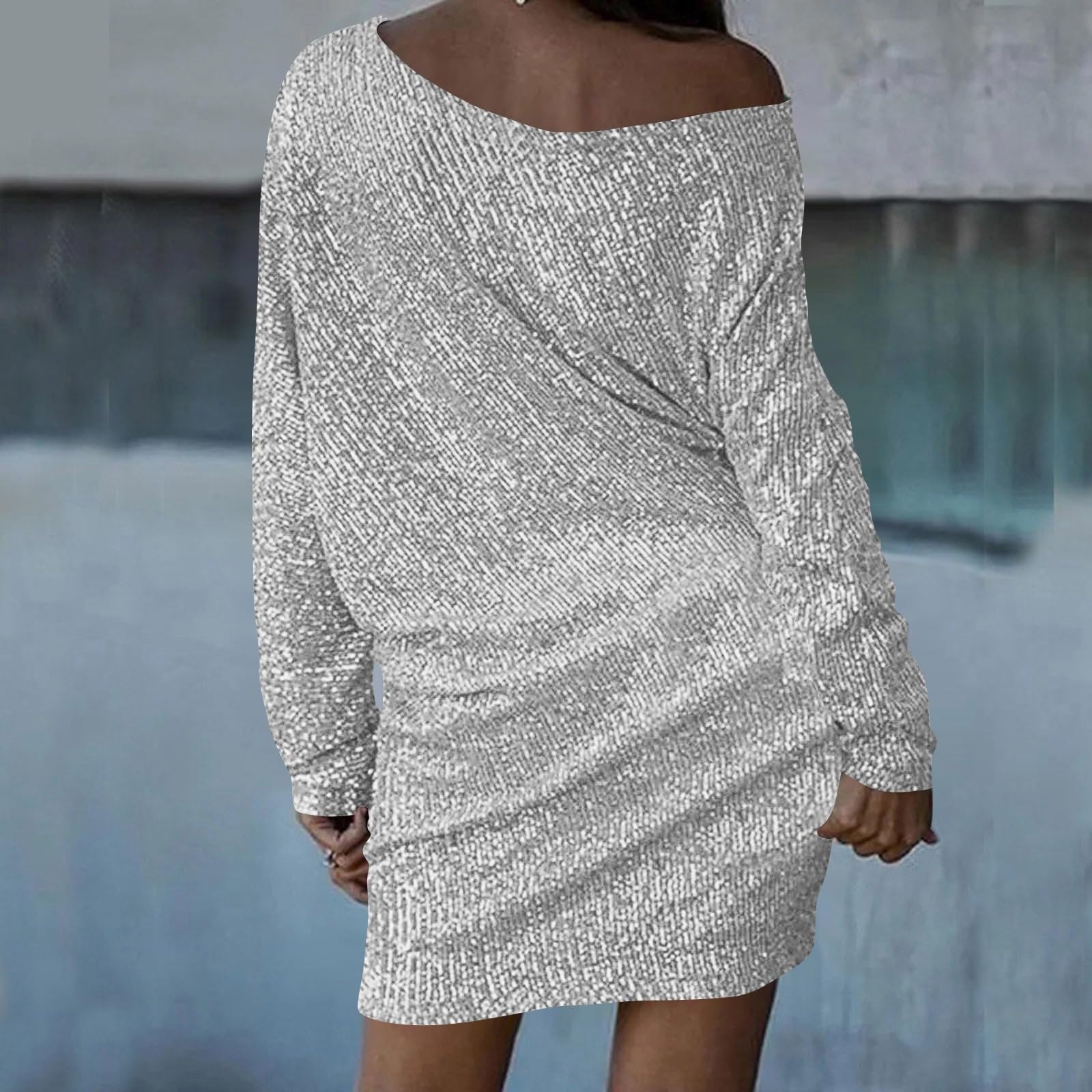 Robe de Soiree Femme Robe à Manches Longues éPaules Dénudées Couleur Unie Sexy Brillante éLégante à La Mode