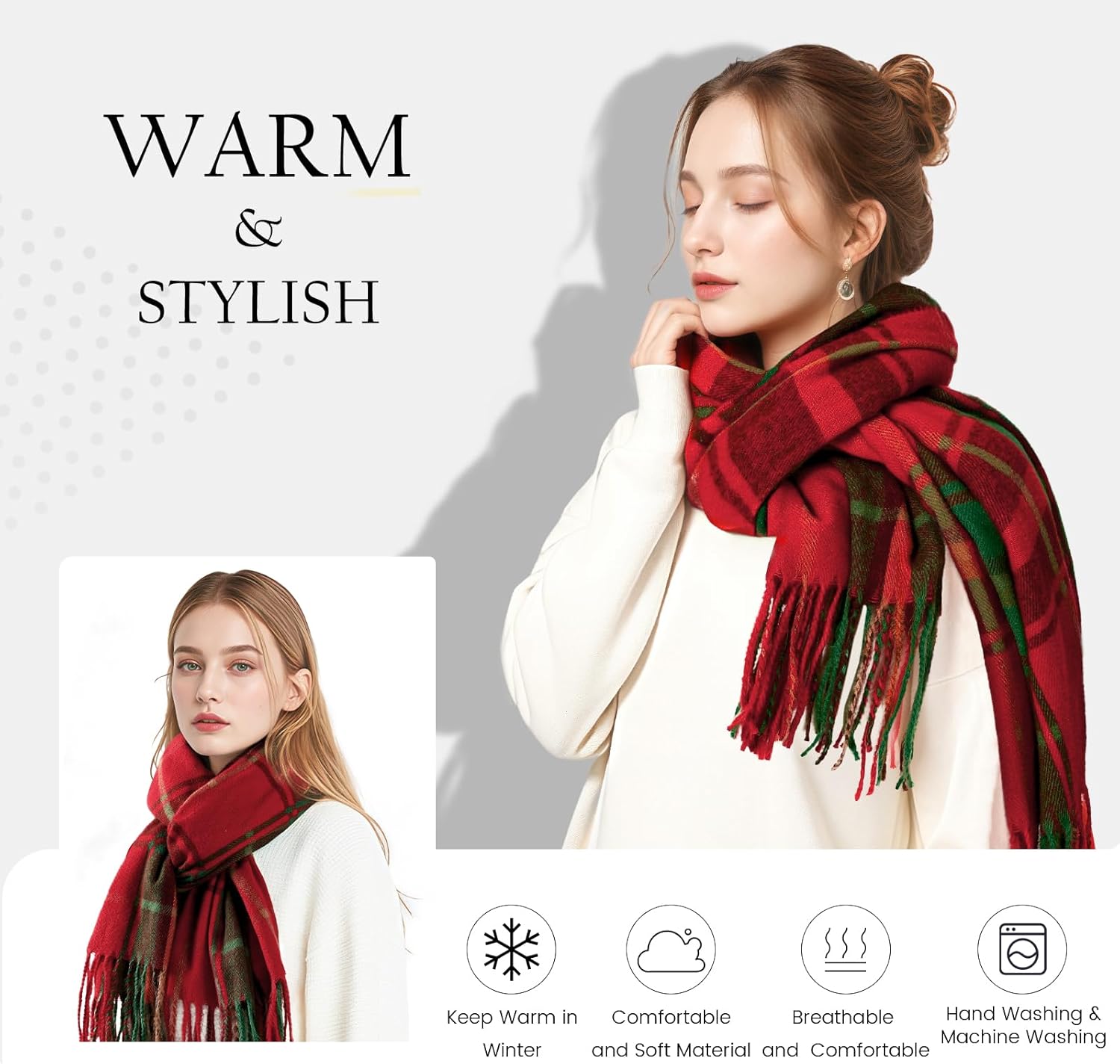 Winter Scarfs for Women - Womens Scarf Fashion Cashmere Scarf Plaid for Winter, 79" x 28",Warm Long Blanket - Image 2