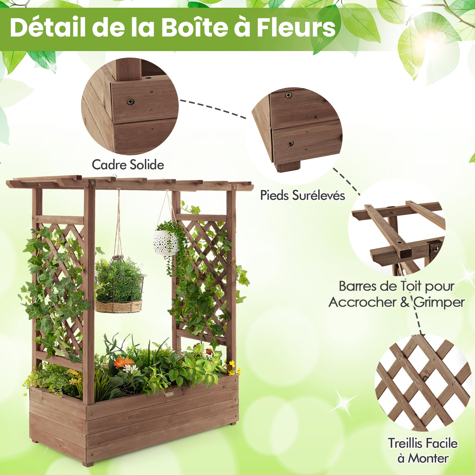 GOPLUS Jardiniere Treillis en Bois Stable avec Trou de Drainage pour Plantes Grimpantes, Fleurs, Jardiniere Balcon avec Barres de Toit pour Cour, Jardin, Interieur, 110 x 44 x 113,5CM (Marron)