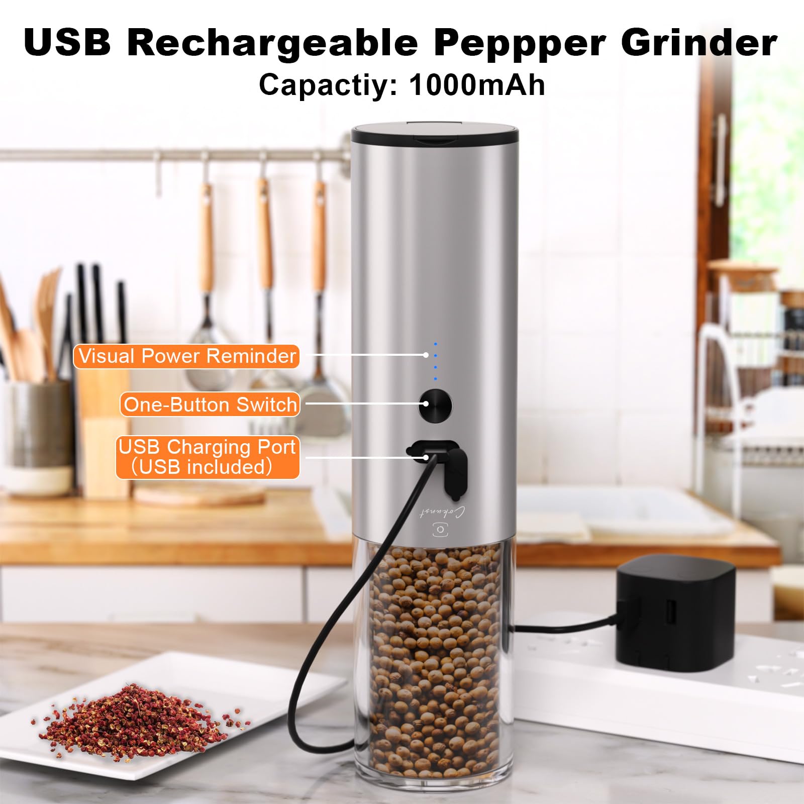 COKUNST Newly Upgraded Electric Salt or Pepper Grinder, USB Rechargeable Grinder with 6.26Oz Lagre Capactiy Visual Silo & Suction Dust Cover, Automatic Mill Pepper Shaker
