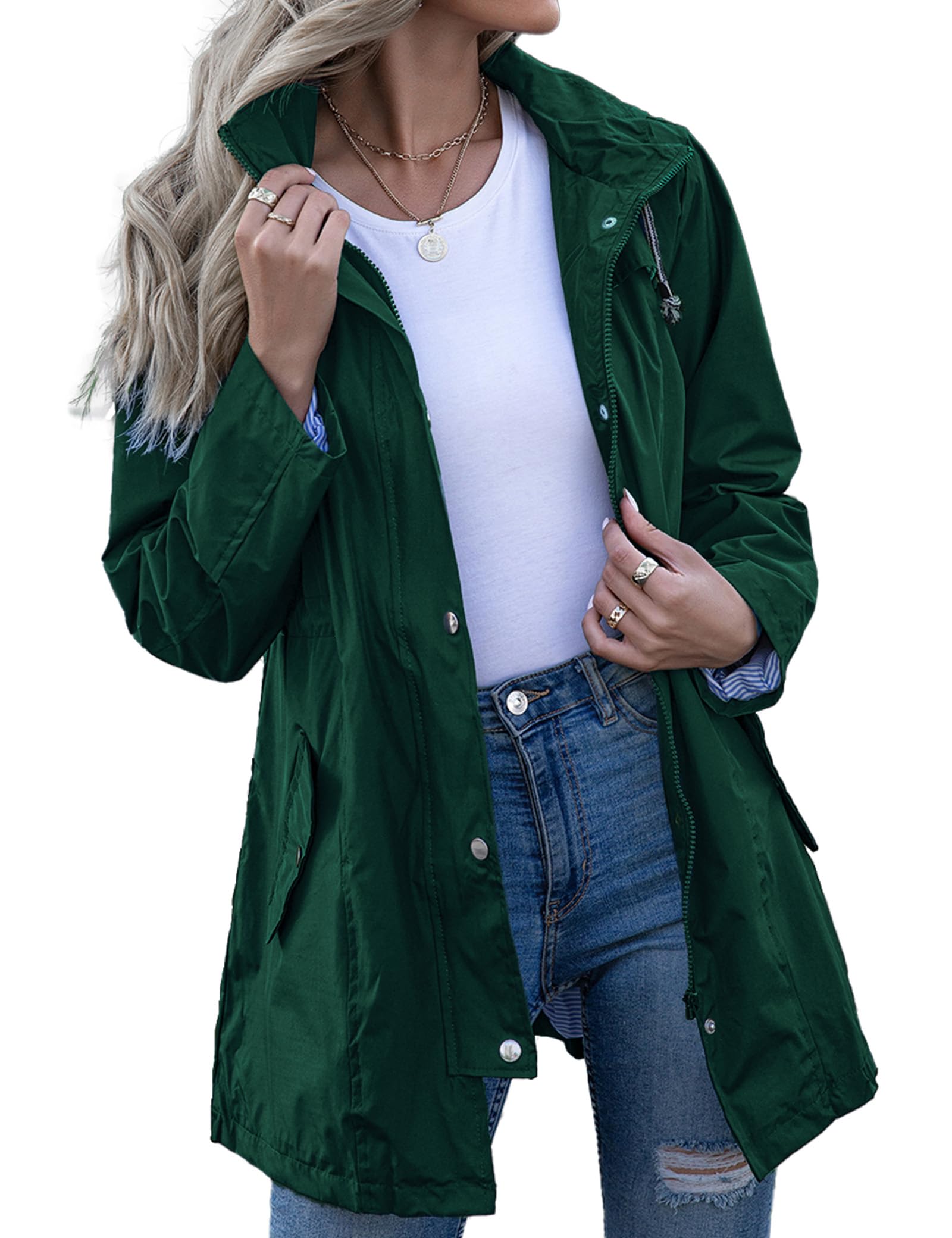 KikibellRain Jacket Women Striped Lined Hooded Lightweight Raincoat Outdoor Waterproof Windbreaker