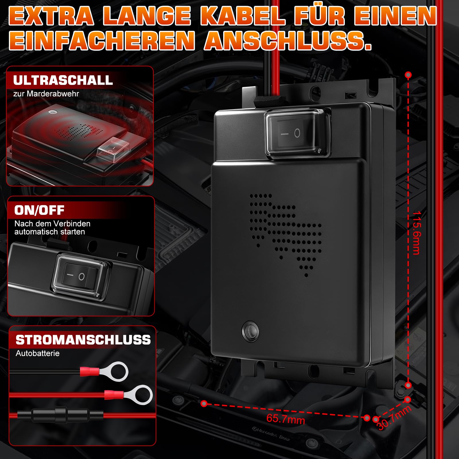 Marderschreck Auto mit Ultraschall Marderabwehr für 12V Autobatterie