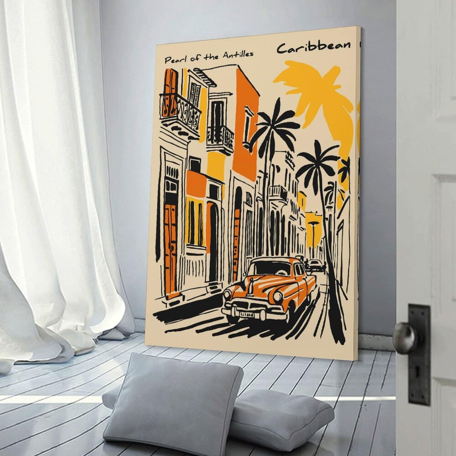 Junmoney Retro Caribbean Street Scene with Vintage Car Canvas Wall Art, 08x12inch(20x30cm), for Entrance Walls, Hall Decor Or Foyers, Wall Decor to Refresh Empty Corners