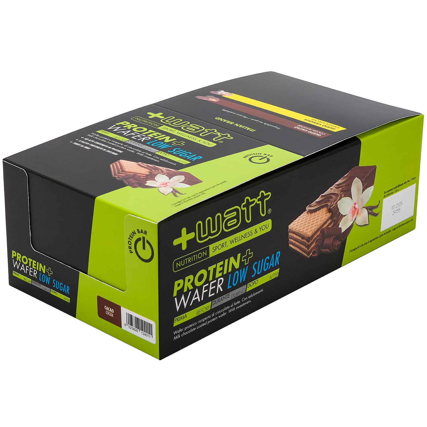 Protein+ Wafer Low Sugar, Barretta Proteica senza Zuccheri Aggiunti, +WATT (Box 25 pezzi, Cacao)
