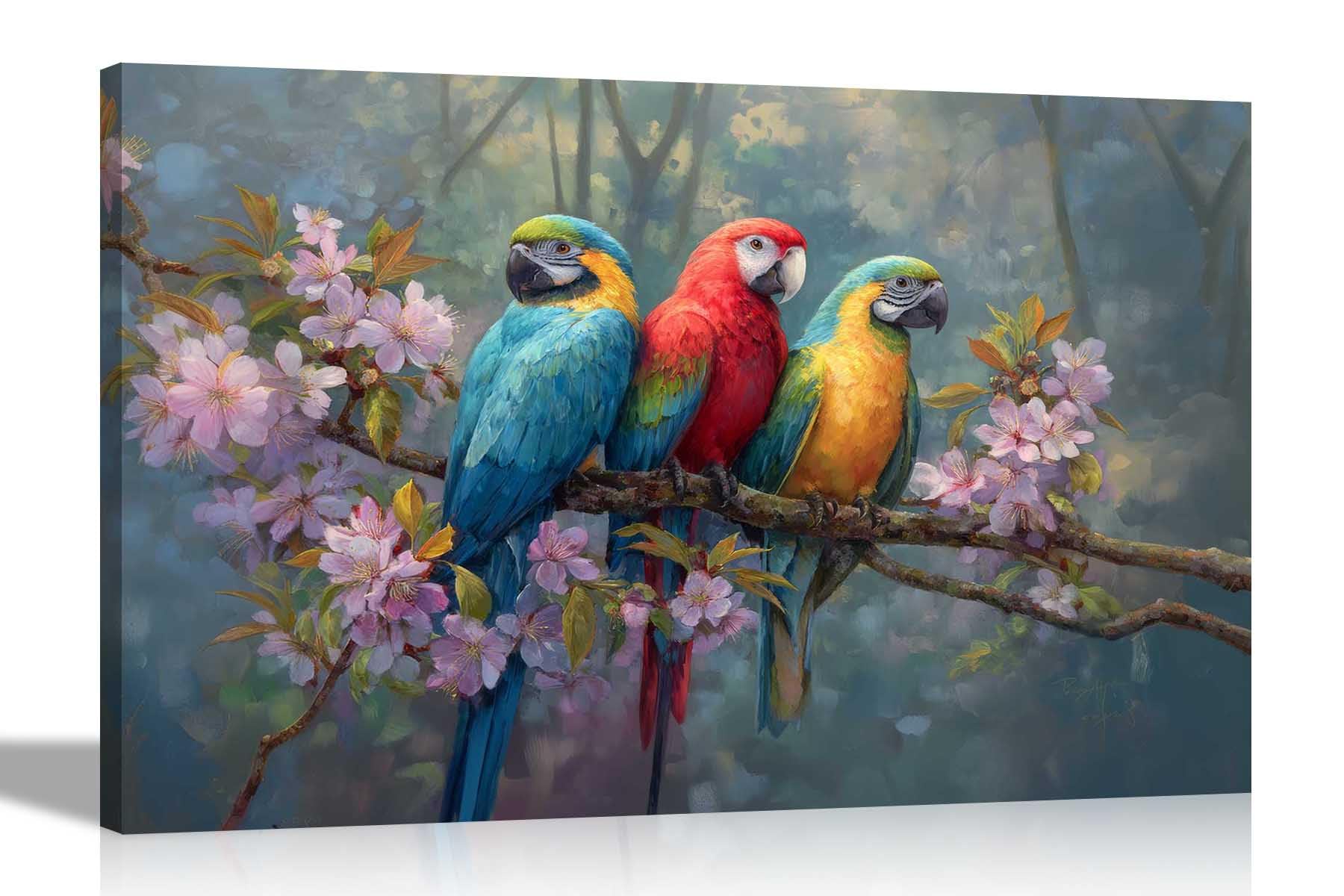 Artley Prints 3 Parrots On A Tree - Colourful Macaw Parrots Pink Leaves Canvas Wall Art For Living Room, Bedroom, Hallway Prints Home Office 76 X 50Cm (30 X 20 Inches)