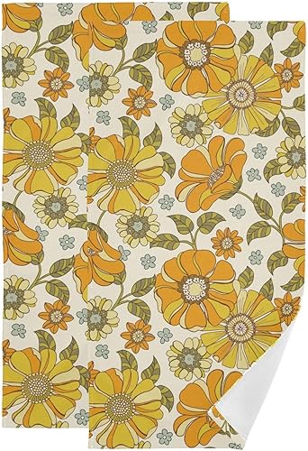 Juego de 2 toallas de mano estilo retro de los años 70 para baño, toallas de cocina con flores de color naranja vintage, toallas de baño decorativas