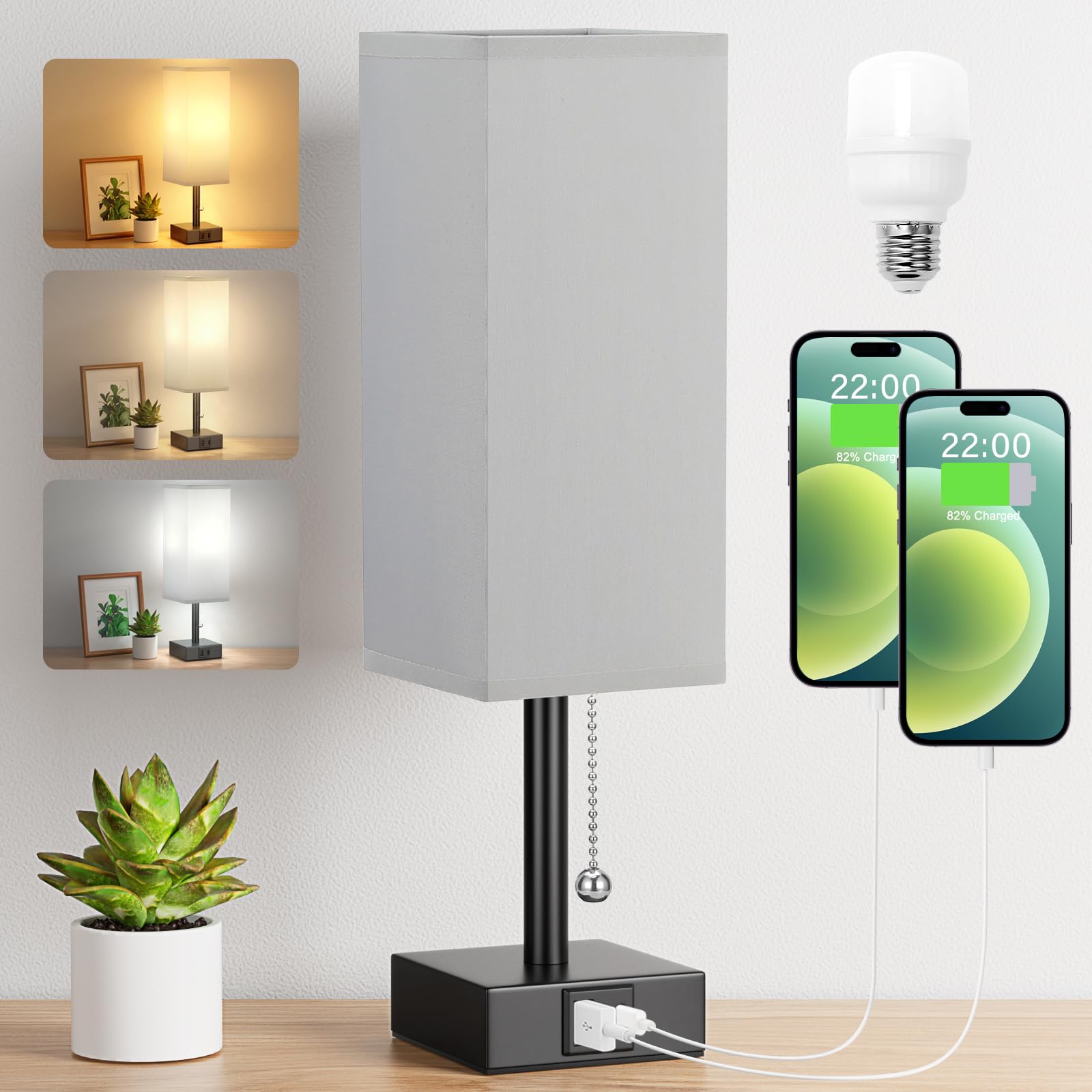 Sponsored Ad – Aooshine Bedside Lamp, Table Lamp for Bedroom, Lamp with USB C+A Charging Ports, Small Lamp with 3-Color Modes with Pull Chain, Lamps with Grey Fabric Shade(LED Bulb Included)
