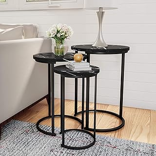 FEFE® Set of 3 Round Vintage Wooden/Steel Nesting Side Coffee Tables Stacking Sofa Side, Space Saving Coffee Tea Table for Hallway Living Room Bedroom Office Black Marble Look
