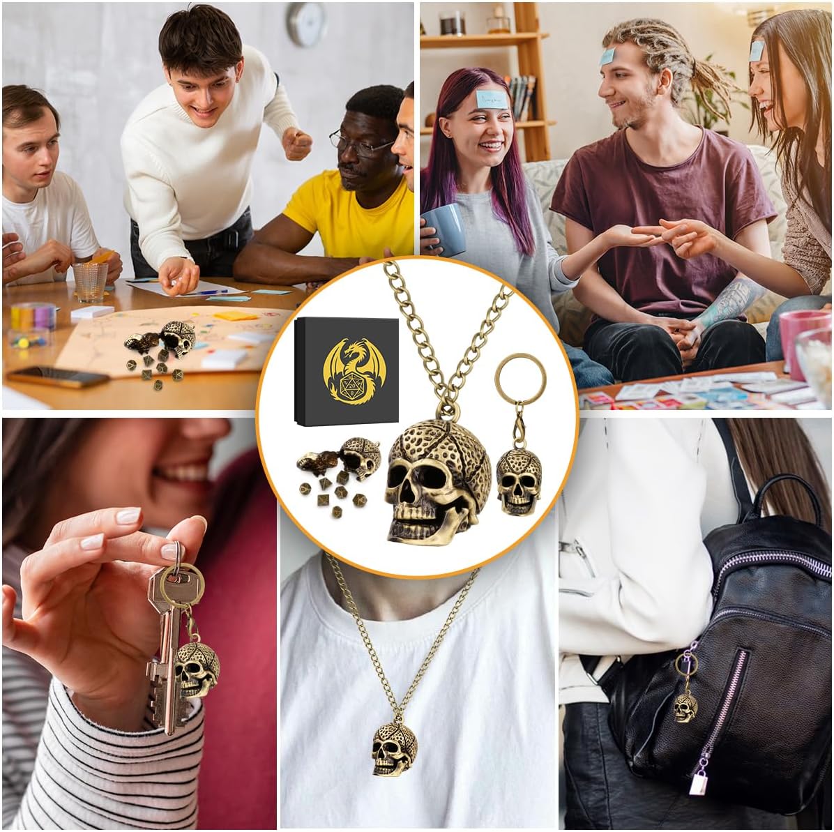 Keller & Weber Mini DND Dice Set with Skull Head Metal Cage Portable Keychain Necklace, Tiny 7pcs Polyhedral D&D Dice Set