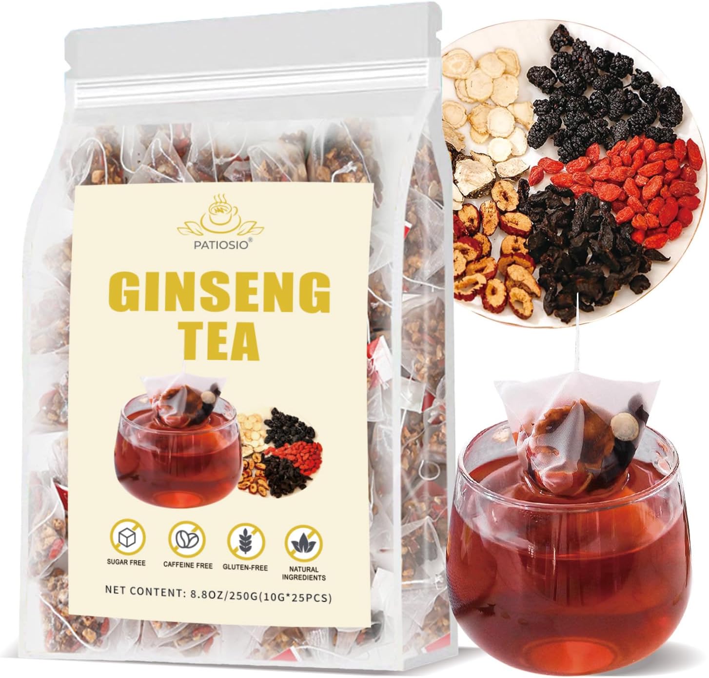 Ginseng Kidney Tea, Natural Kidney Cleanse Detox Tea for Men & Women, Ginseng Red Date Chinese Herbal Tea (250g/10g x25pcs)