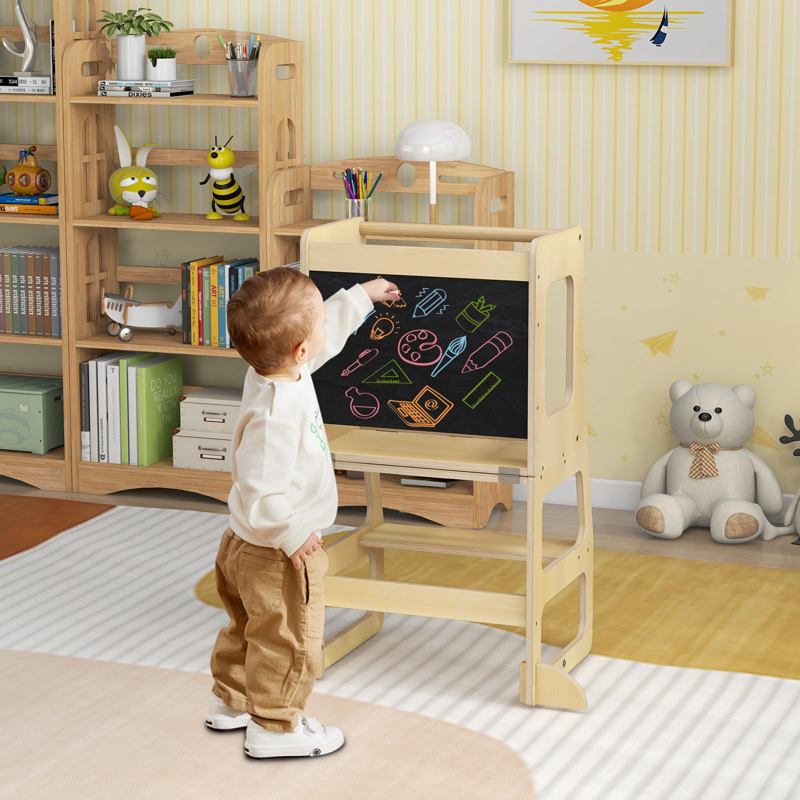 RELAX4LIFE 3 in 1 Torre Montessoriana per Bambini, Torre di Apprendimento Pieghevole, Learning Tower con Lavagna, Convertibile in Tavolo+Sedia per Bambini 3+ Anni