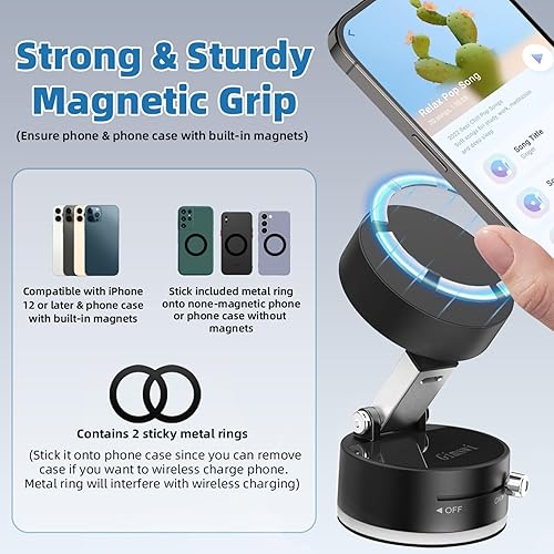 Miniatura 2 de Soporte magnético para teléfono al vacío con anillo de metal compatible con iPhone Samsung todos los teléfonos, soporte magnético plegable universal
