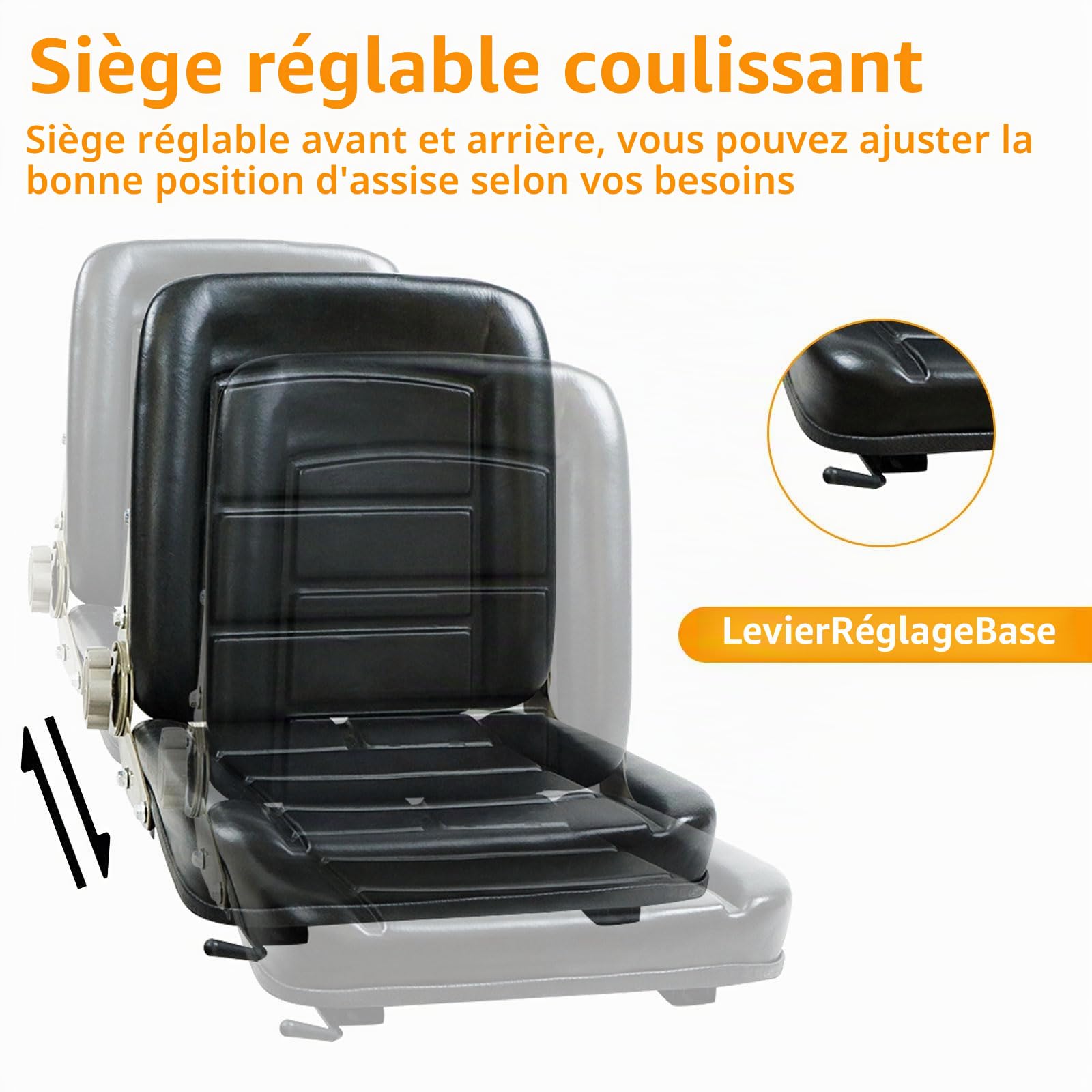 Siège de tracteur universel, Siège de chariot élévateur, 41x38x46cm, réglable 45°-160°, avec rail coulissant, fixation universelle 25x27cm, structure renforcée heavy-duty