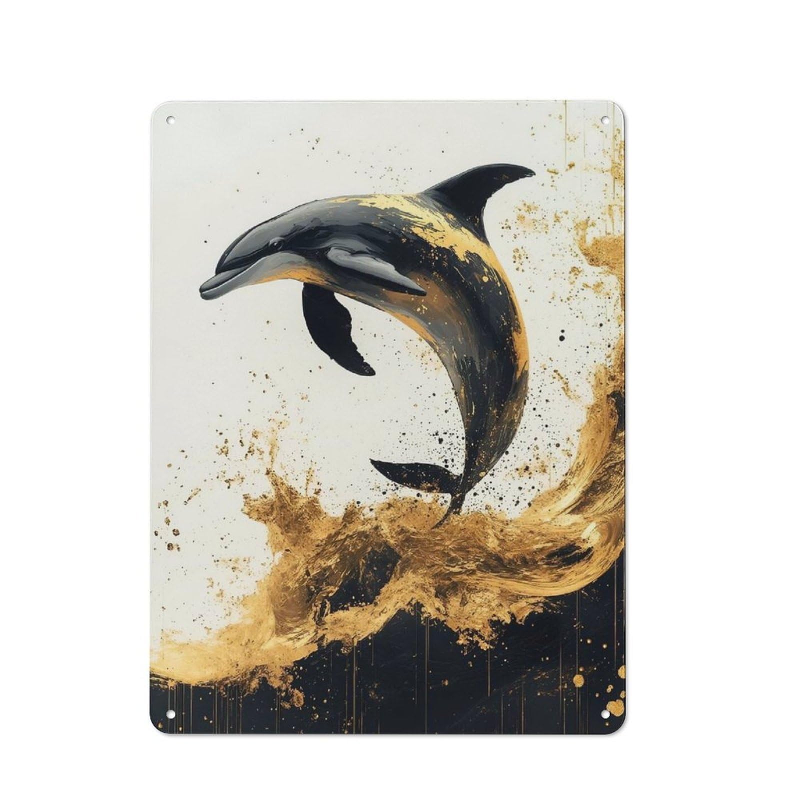 Golden Dolphin Splash Cottage Style Metal Wall Decor 40x30cm, Tin Wall Plaque for Kitchen, Cottage, Porch Or Garden Room