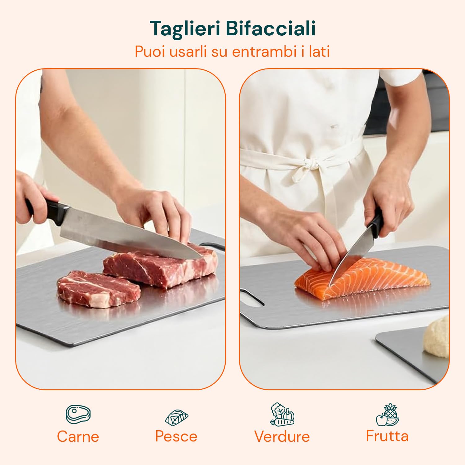 Avilia - Tagliere Acciaio Inox Bifacciale con Manico Forato Set 3 Diverse Dimensioni per Carne Pesce Verdure e Pane Uso Quotidiano Superficie Igienica Antiruggine Salvaspazio