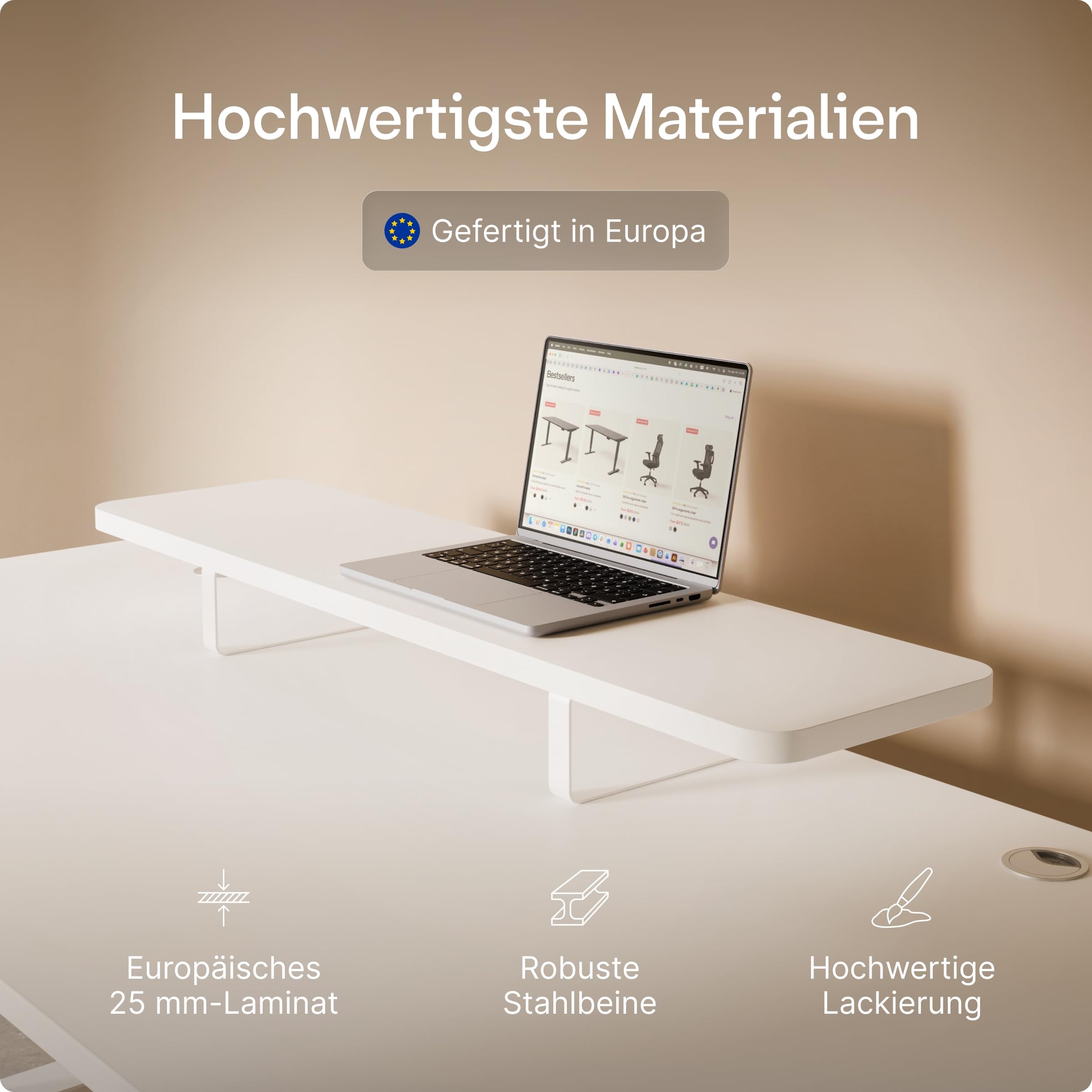Desktronic Monitorstaender – Ergonomische Monitorerhoehung, 114 x 28 x 12,8 cm, 30 kg, 1-2 Monitore, Tischplatte Weiss, Beine Weiss, Stabile Stahlbeine, Gefertigt in Europa